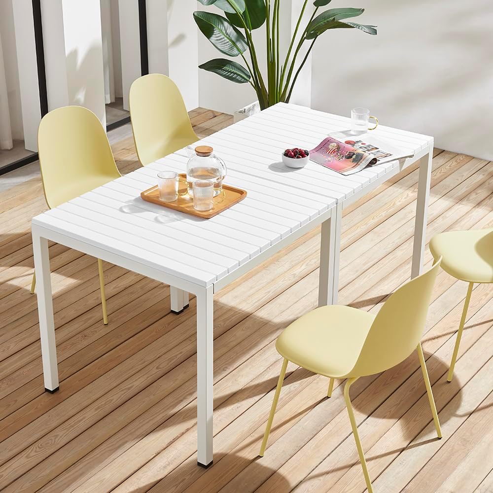 Plastic Outdoor Dining Table with Metal Legs, Weather Resistance, Home Patio Table, Restaraunt Outdoor Table, Quick Assembly (White)