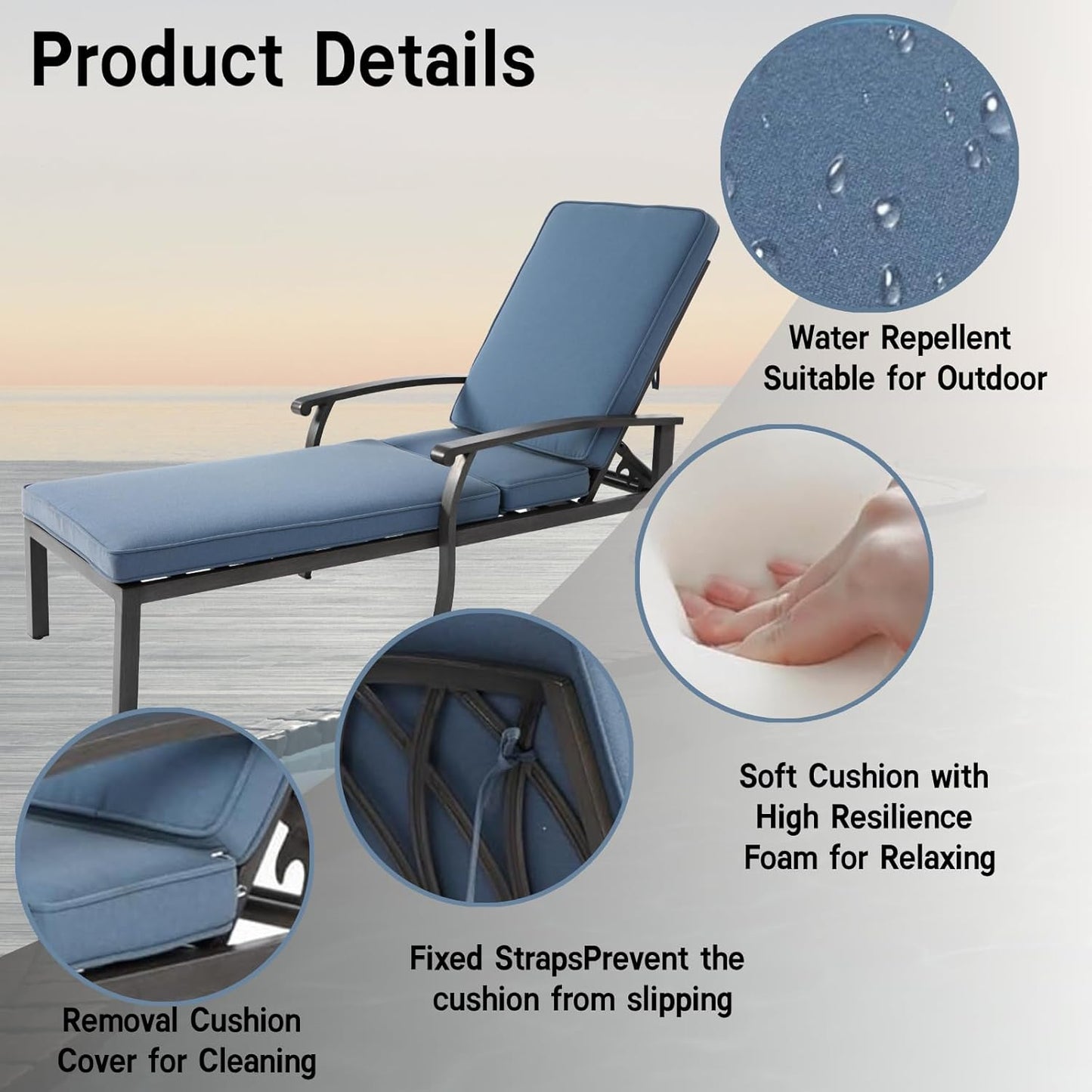 Outdoor Chaise Lounge with 5-Level Adjustable Backrest Set of 2, Durable Aluminum Patio Chair with Waterproof Cushion & Wheels for Garden, Poolside, Blue