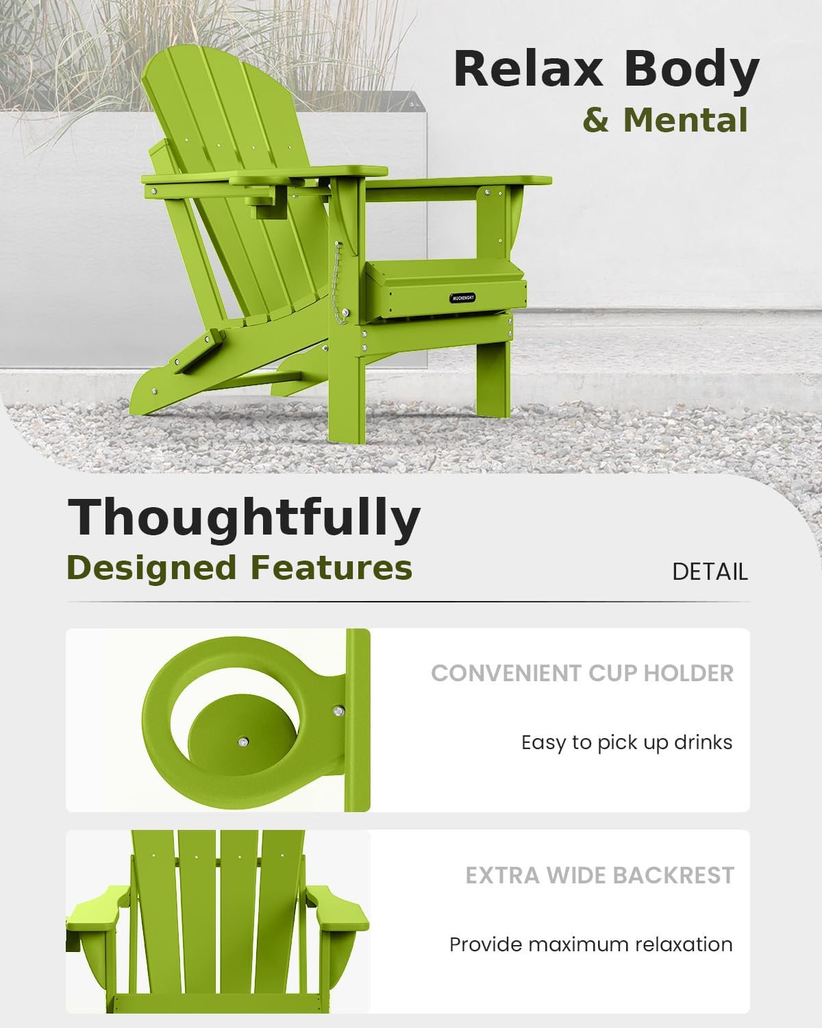 MUCHENGHY Folding Adirondack Chairs Set of 2, Patio Chairs, Lawn Chairs, Outdoor Chair, Adirondack Chair Plastic, Fire Pit, Weather Resistant with Cup Holder for Deck, Backyard, Garden(Lemon Green)