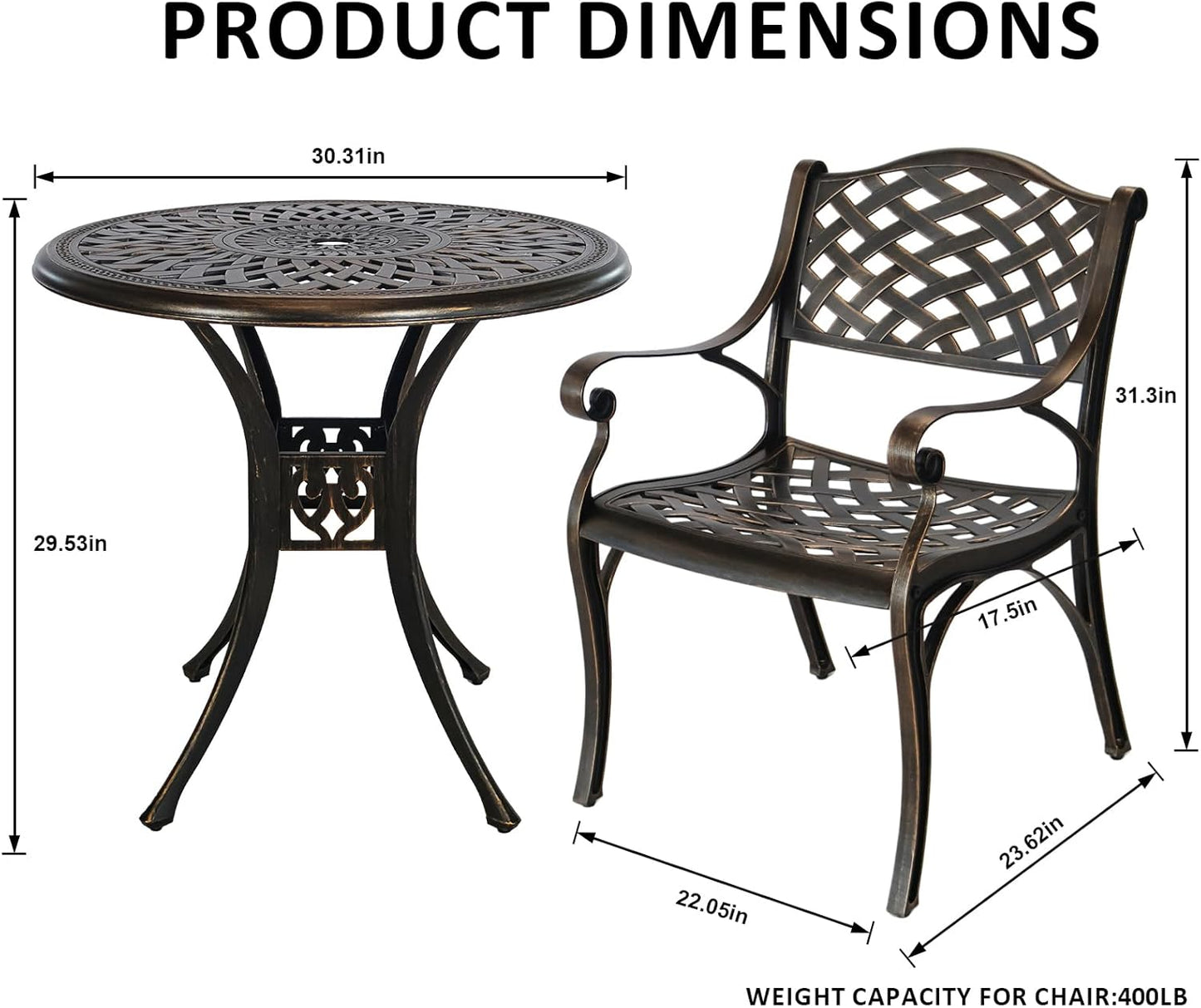 Outdoor Patio Table and Chairs Patio Dining Furniture Set Cast Aluminum Outdoor Table Set Bistro Chairs for Garden (Bronze, 3 Piece Round Table Set)