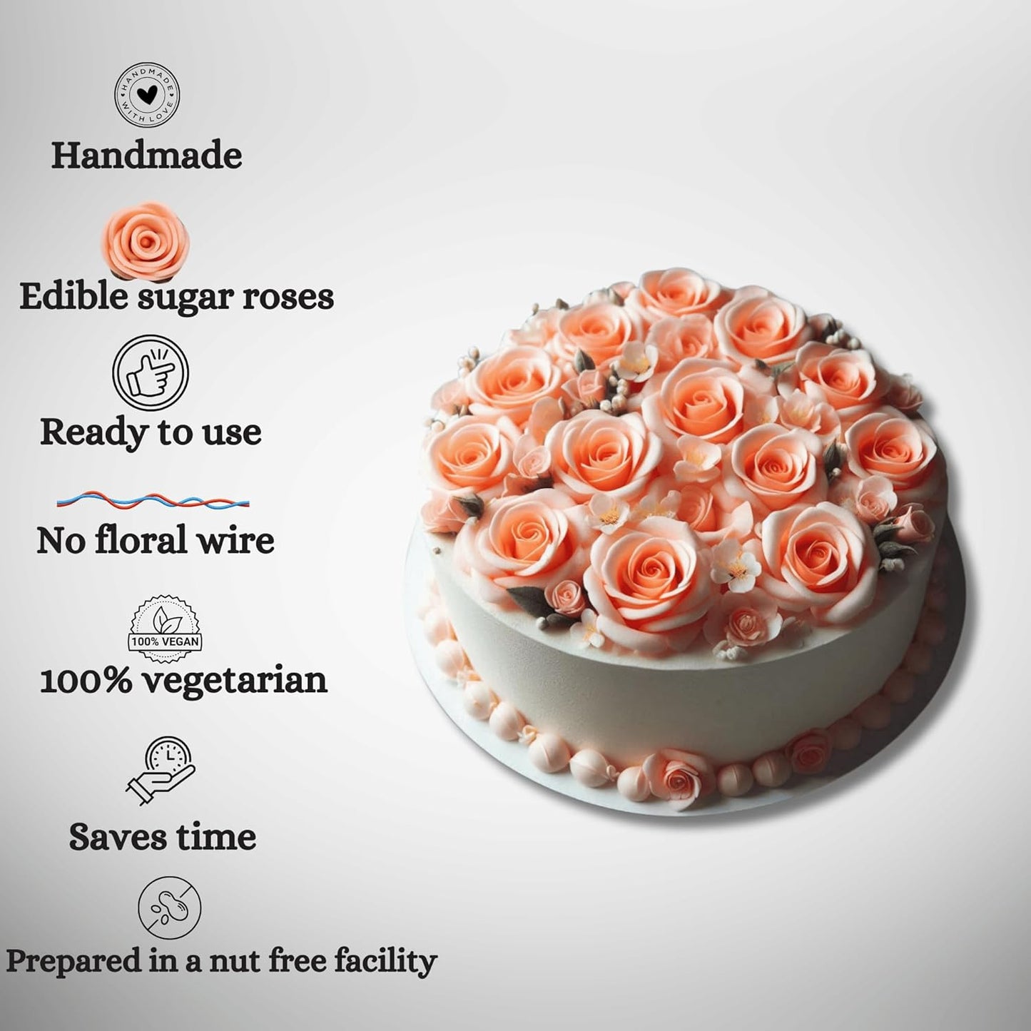 Confect Edible Rose Cake Toppers | Cupcakes & Doughnut Toppers | Roses for Cake Decorations | Edible Pretty Peach Pearl Roses - Vegan, Gluten-Free, Nut-Free, Dairy-Free, Palm Oil-Free -Pack of 12