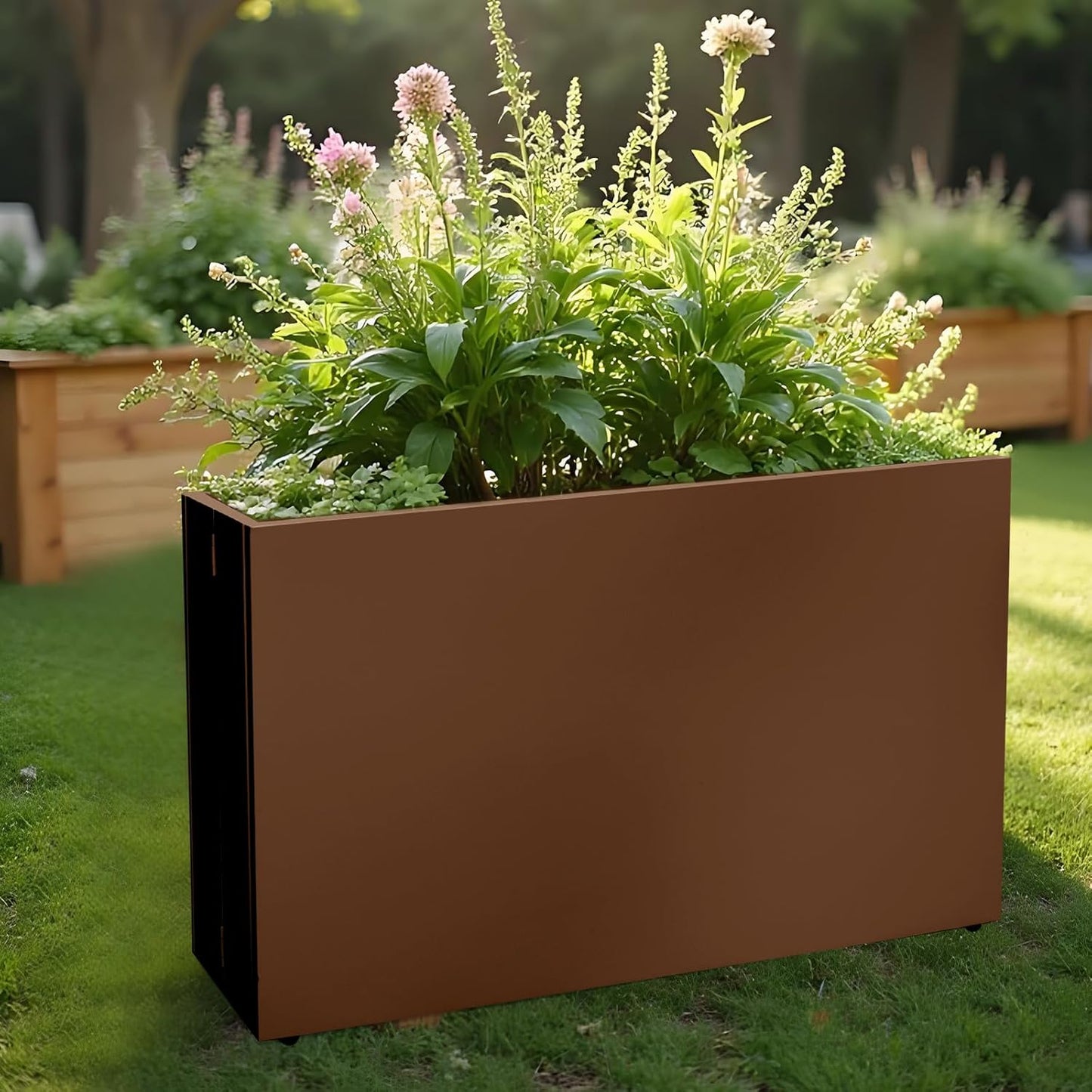 Galvanized Steel Planter Box-No Installation Required Metal Rectangular Block Long Box Planter Modern Outdoor Planters All-Weather Use with Drainage Holes for Patio/Porch, 36×24×12IN(Brown)