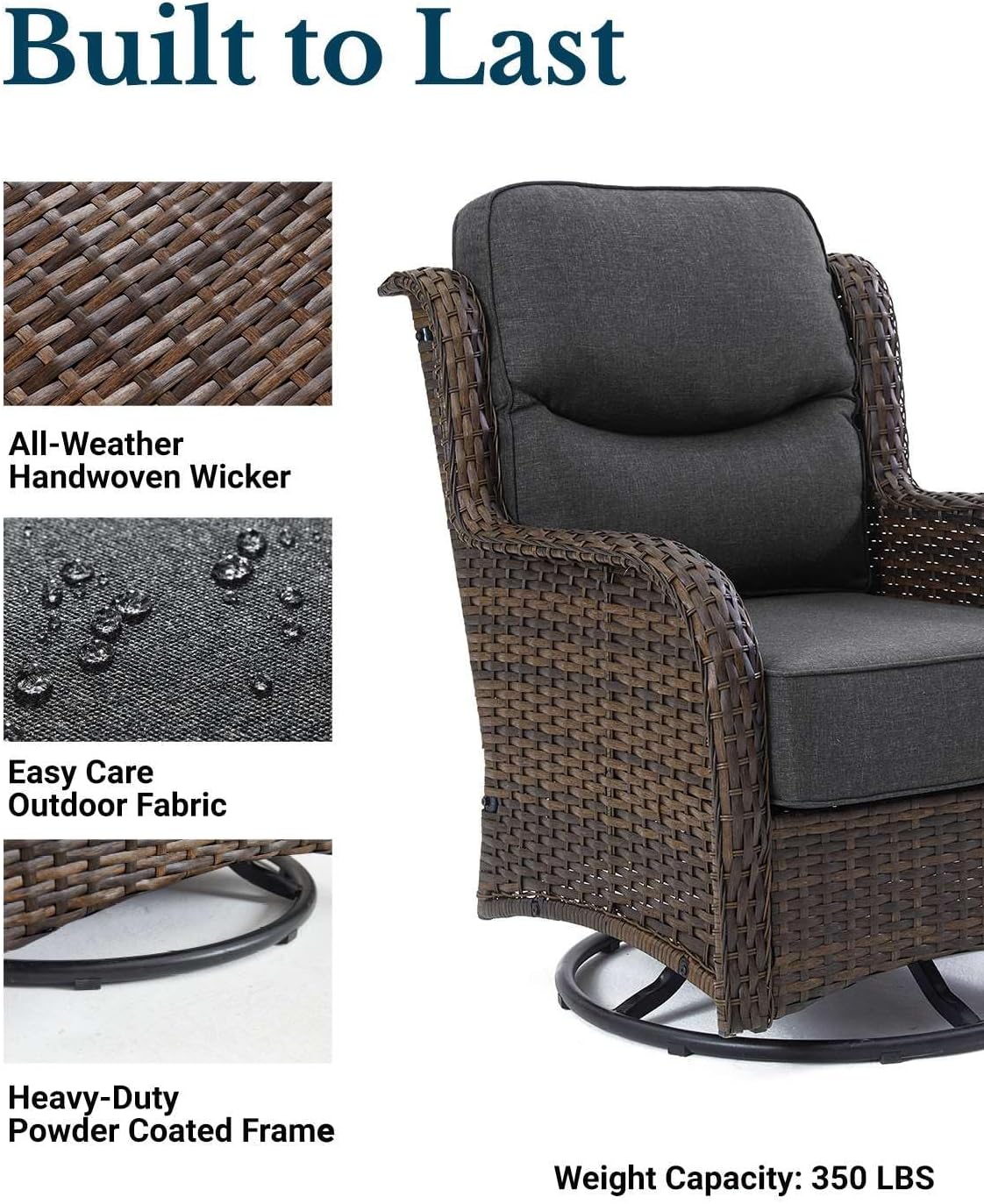 HILLGA Luxury Patio Furniture Set with 6-Inch Thick Cushions, High Back Outdoor Swivel Rocker Chairs and Table, 3-Piece All Weather Conversation Set for Porch Deck Balcony Yard, Dark Grey (V3)