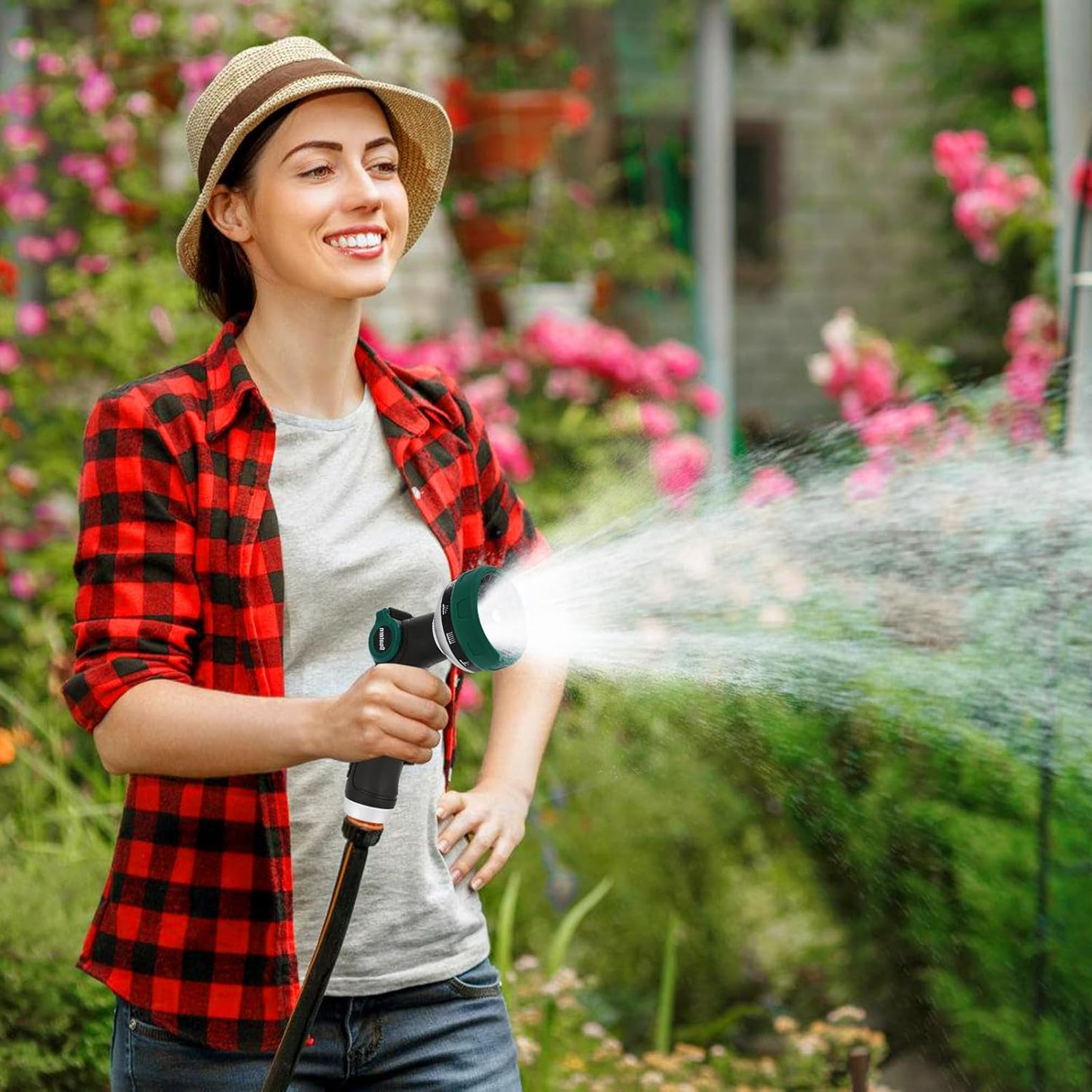 Heavy Duty Garden Hose Nozzle, Water Hose Sprayer Nozzle with Thumb Flow Control, 10 Spray Patterns, High Pressure Hose Nozzle for Lawn & Plant Watering, Car & Pet Washing – Forest Green