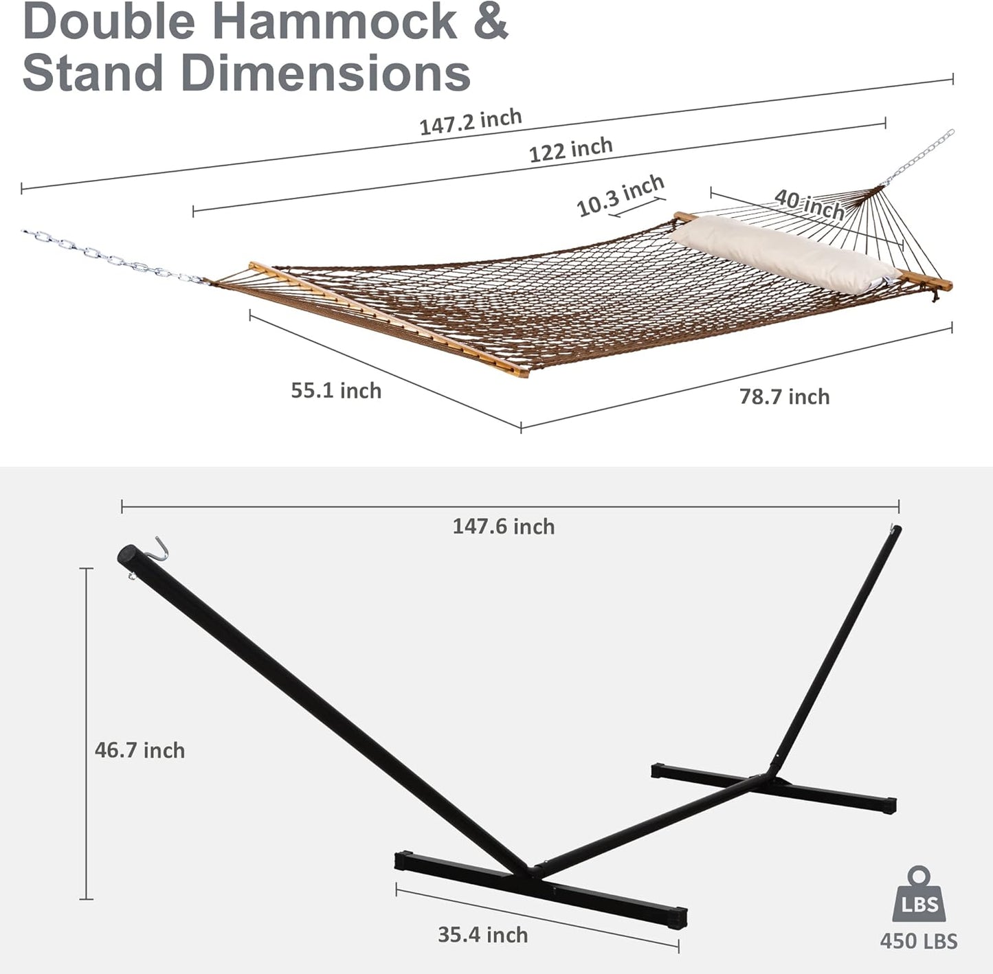 SUNCREAT Portable Hammock with Stand,Heavy Duty Standing Hammock, 450 lbs Capacity, Brown
