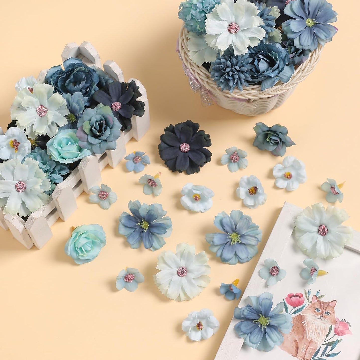 Faux Flower Heads Small Silk Artificial Flower DIY Fake Mini Flowers Rose Daisy Multicolor Flowers Craft Supplies for Wedding Party Wreath Graduation Season Party Home Decor (45, Blue)