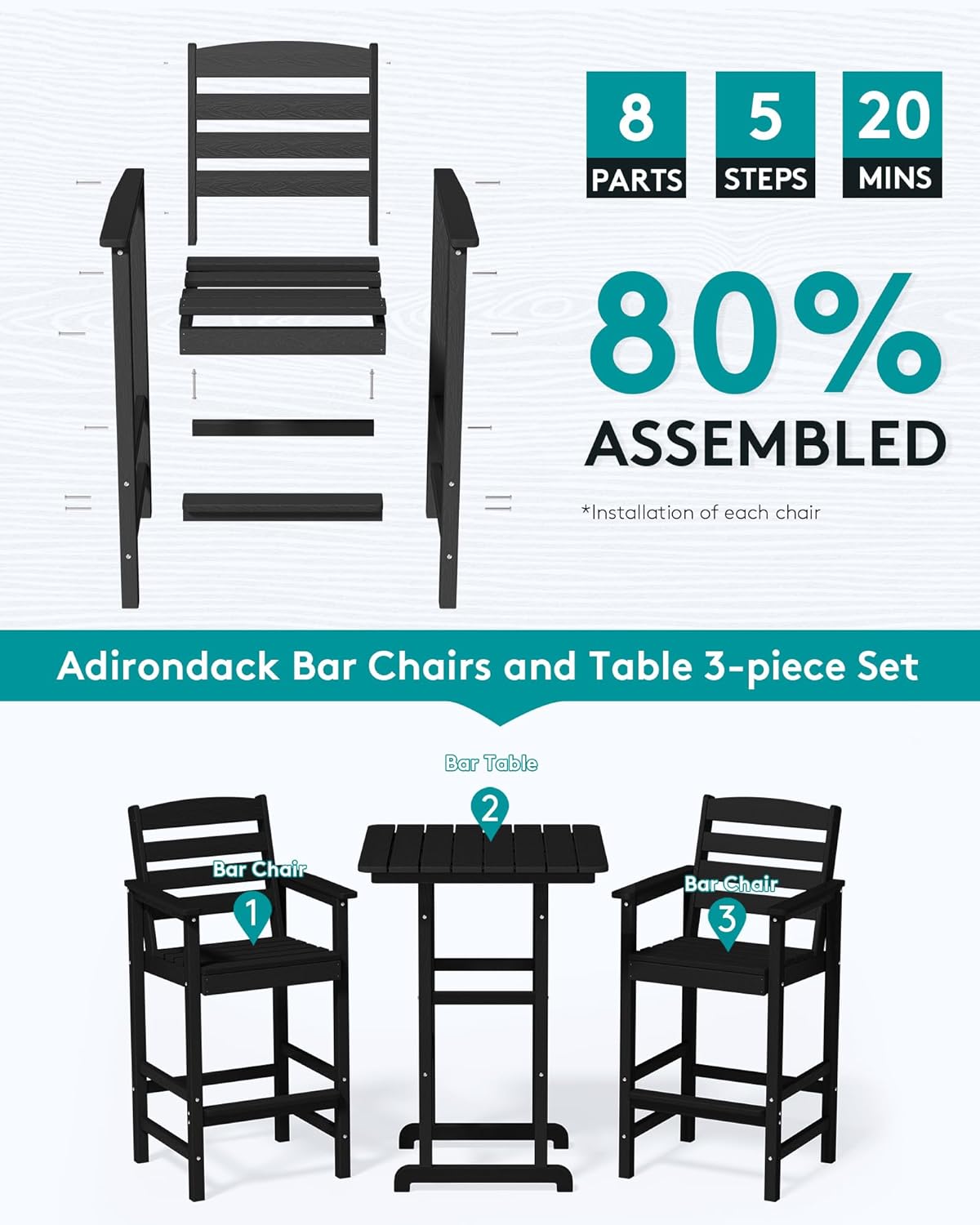 SERWALL 4 Pieces Outdoor Patio Bar Set with 9ft Umbrella, Outdoor HDPE Barstool and Table Furniture Set with Patio Umbrella, Black