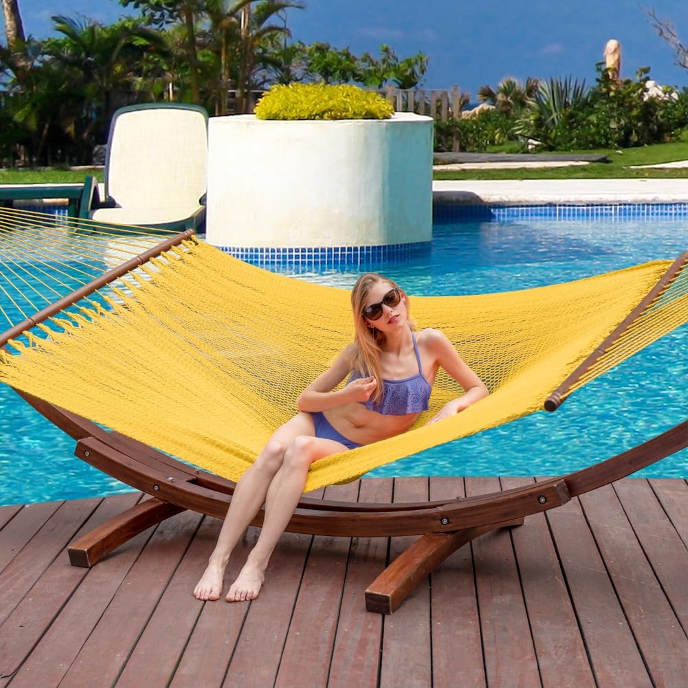 Lazy Daze Hammocks 10.5 FT Double 2 Person Caribbean Rope Hammock, Hand Woven Polyester Hammock with Spreader Bars, for Outside Outdoor Backyard Patio Poolside,450 LBS Capacity, Yellow