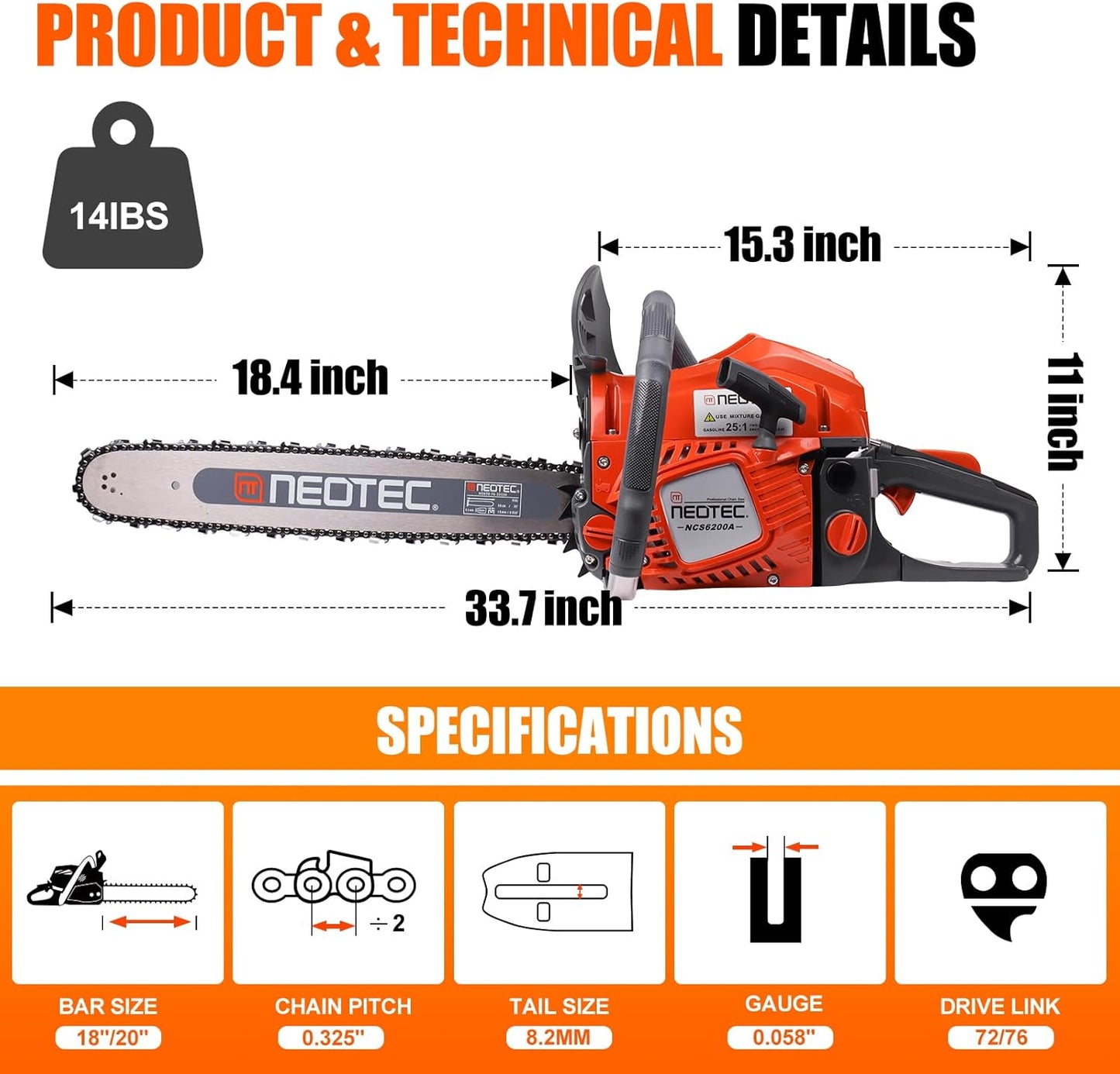 58CC Gas Chainsaw 18 Inch 20 Inch, Gas Powered Chain Saw with Ergonomic Handheld Petrol Gasoline Chain Saw, 2-Cycle Gas Engine Chainsaw for Tree Wood Firewood Outdoor Cutting
