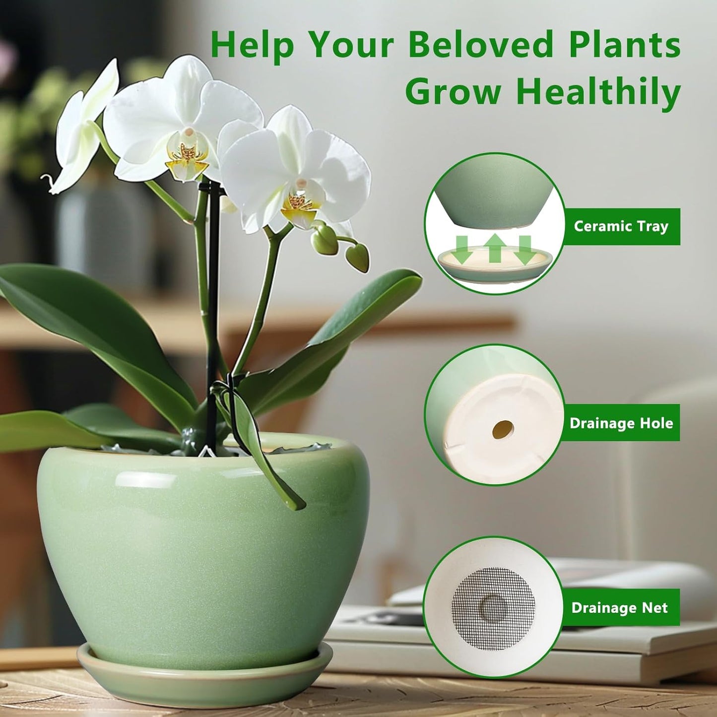 8 Inch Plant Pot - Ceramic Planter for Outdoor Plants Indoor Plant Pot with Drainage Hole and Saucer Mid-Century Round Planter Flower Pot for House Garden Green