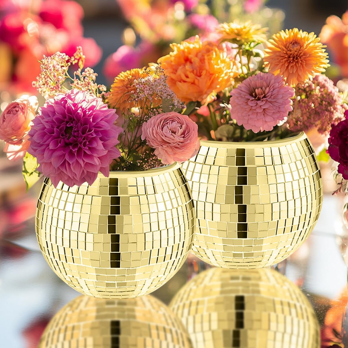 2 Pcs Disco Ball Vase,5 x 6 Inch Mirrored Disco Ball Planter,Disco Ball Candle Holders Perfect Disco Decorative Planters for Living Room Bedroom Table Wedding Party Birthday(Gold)