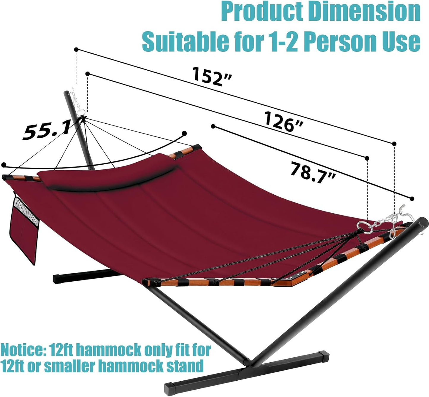TegerDeger 12FT 2 Person Hammock with Stand Included 55 x 79IN Large Hammock 450LB Capacity with Hardwood Spreader Bar & Nylon Rope for Outside, Patio, Garden, Backyard, Beach - Red