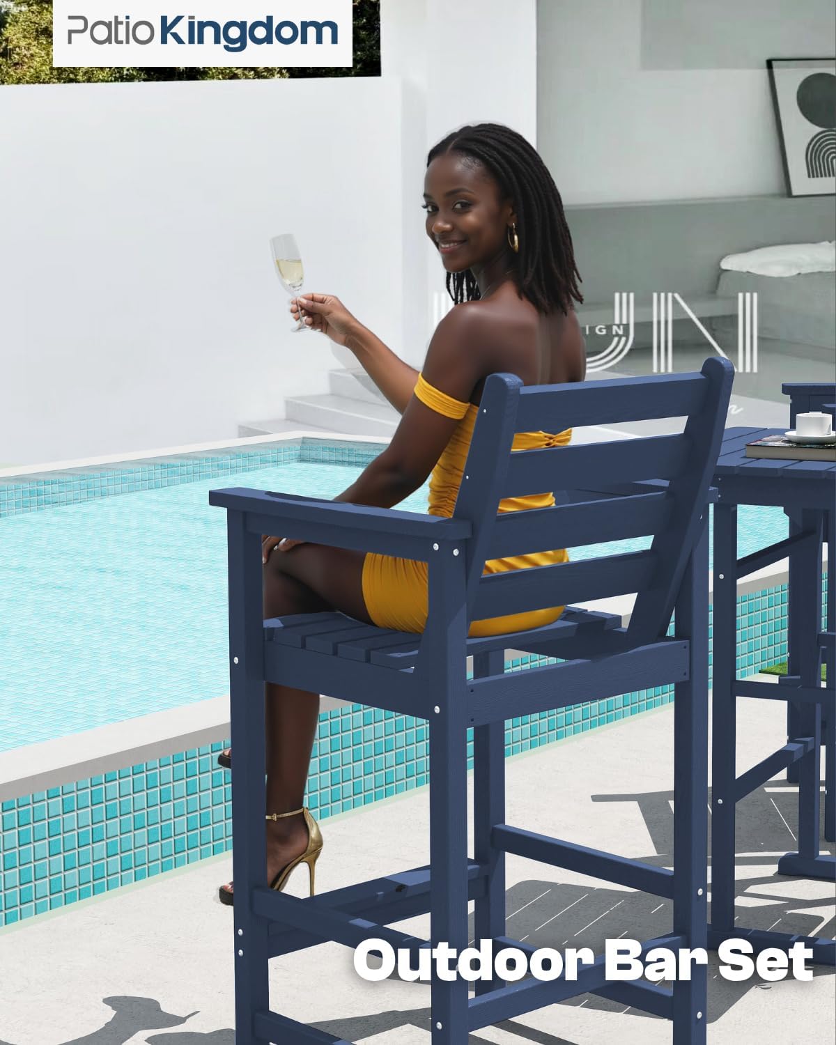 3-Piece Outdoor Bar Set with Beige 11FT Cantilever Umbrella, HDPE Tall Balcony Adirondack Chairs and Table, Outdoor Bar Stools for Patio (Navy Blue)