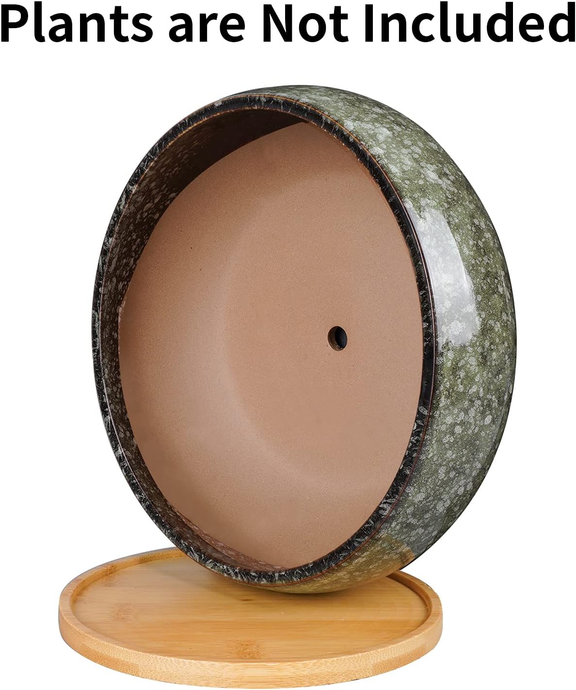 8 Inch Ceramic Bonsai Planter Pot, Glazed Shallow Succulent Planter with Drainage Hole and Bamboo Saucer for Indoor Plants, Brown