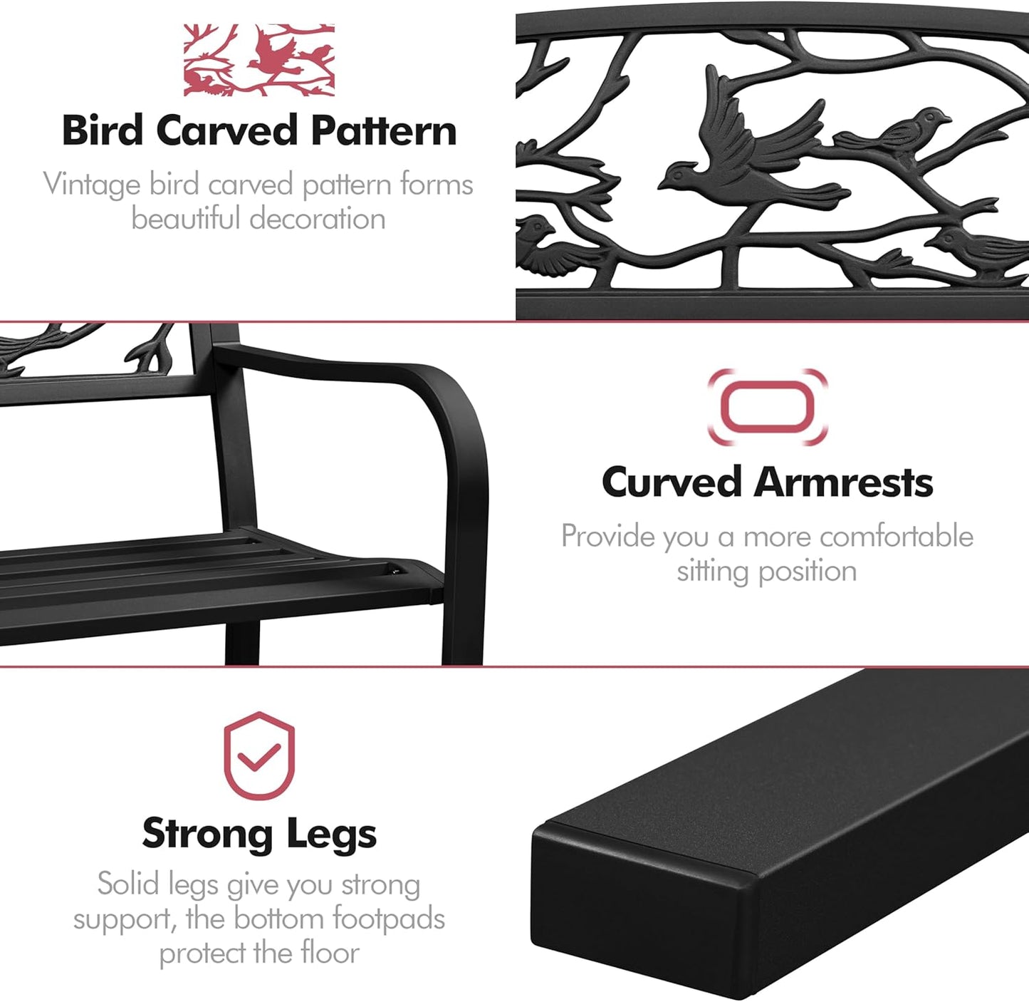 Yaheetech Outdoor Garden Bench Patio Furniture Chair Outdoor with Vintage Bird Pattern Backrest, Slatted Seat, Antique Metal Bench for Yard & Porch & Park, Black