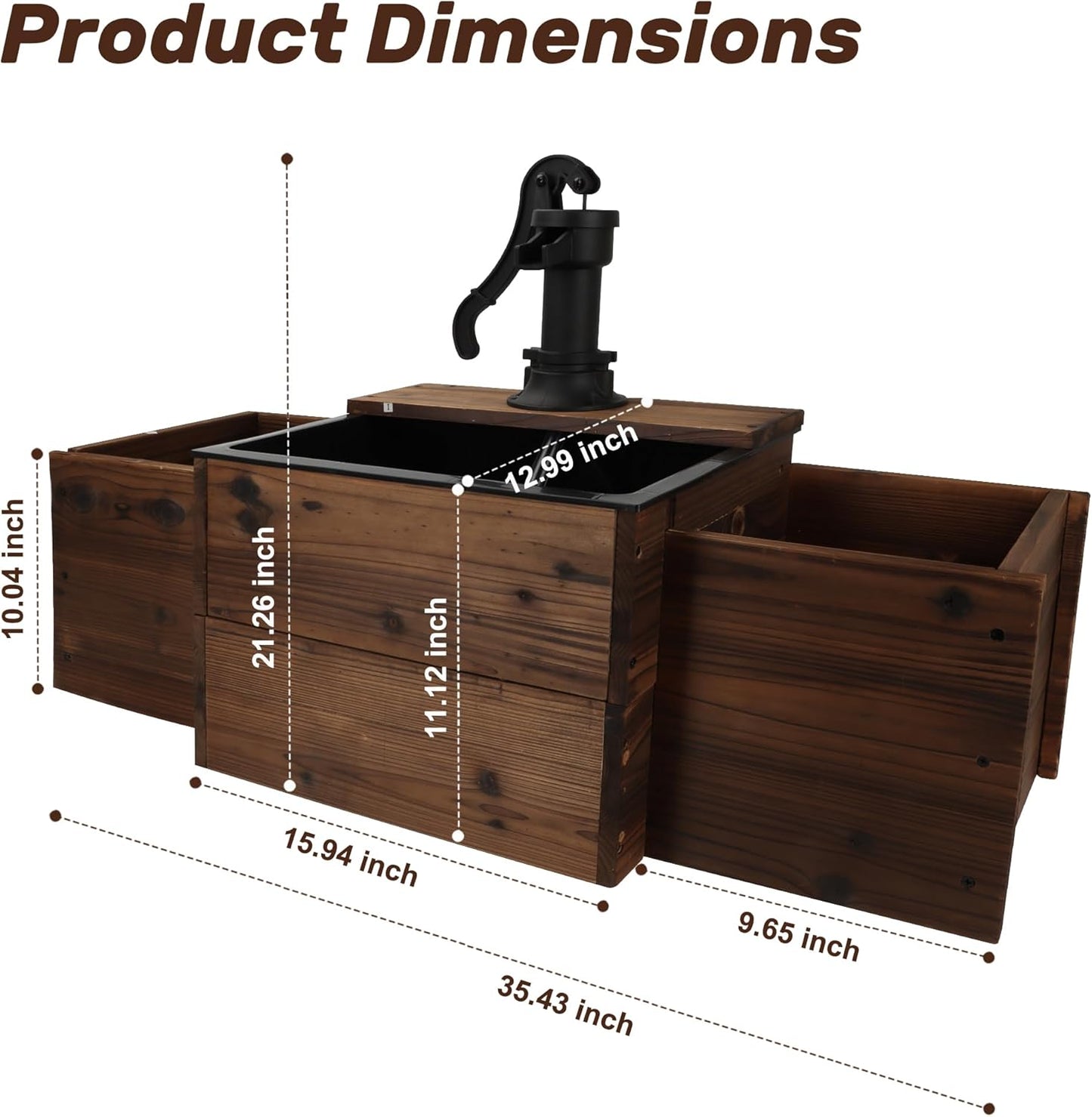 Outdoor Floor Wooden Rectangular Pump Water Fountain,Old-Fashioned Fountain with Flower Box,Electric Decorative Hand Pump, Outdoor Water Feature for Garden Patio Backyard