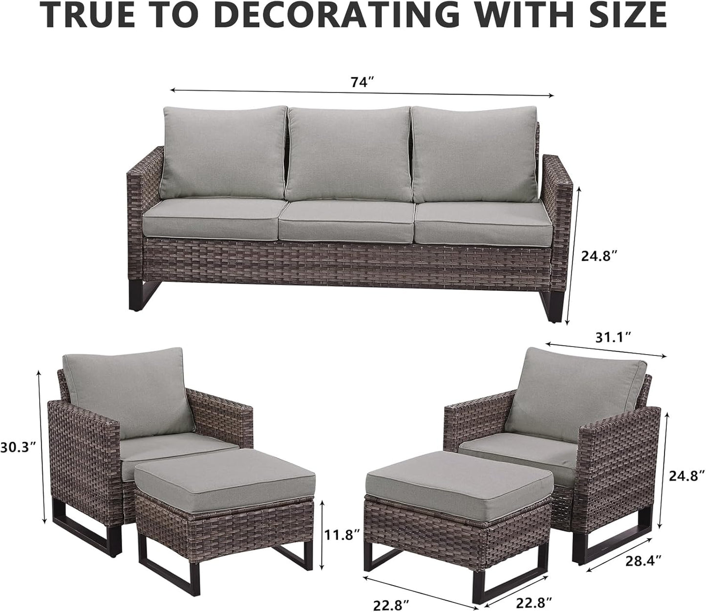 HUMMUH 5 Piece Patio Furniture Set All Weather Wicker Outdoor Sectional Sofa,High Back Patio Chairs and Ottomans for Porch,Garden,Backyard