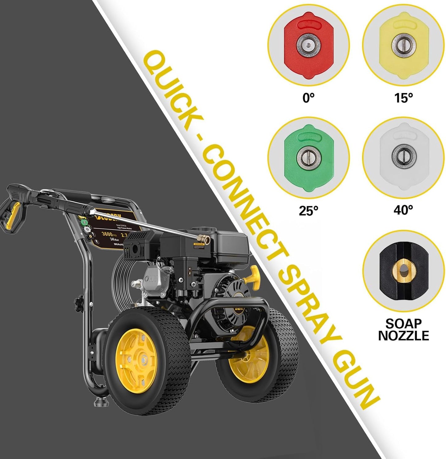 BLUBERY 3600 PSI Gas Pressure Washer, 2.7 GPM Heavy Duty High Power Washer, 30Ft Pressure Hose&Soap Tank,5 Pressure Nozzles,Black