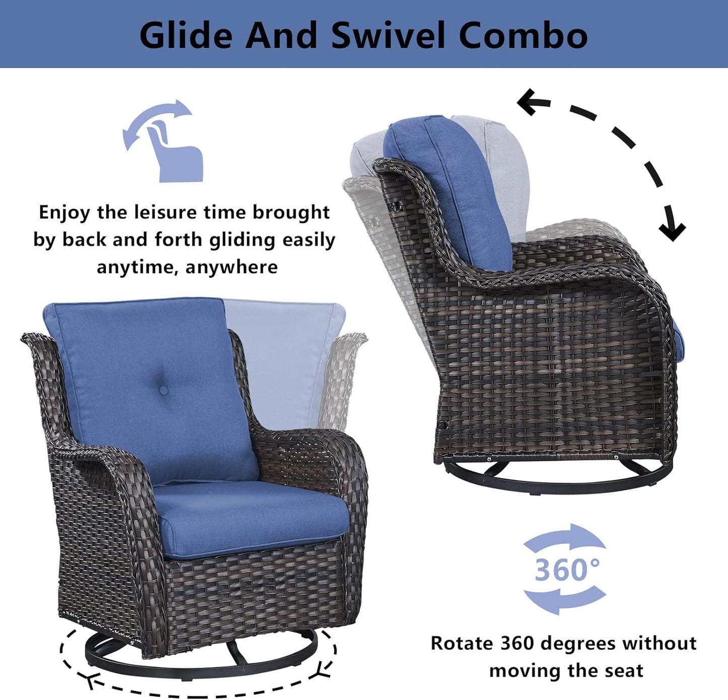 Wicker Outdoor Furniture Patio Furniture Set - 6 Piece Patio Conversation Set with Swivel Rocker Chairs, Loveseat Sofa, Ottomans and Coffee Table, Blue Cushion