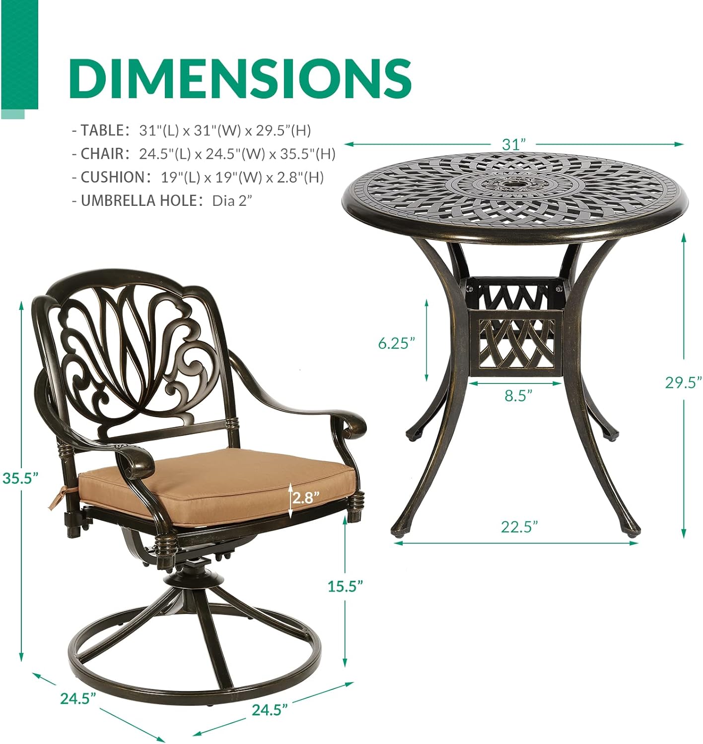 VIVIJASON 3-Piece Patio Furniture Dining Set, Outdoor All-Weather Cast Aluminum Bistro Set, Include 2 Swivel Chairs and 31" Round Table w/Umbrella Hole for Balcony, Lawn, Garden, Antique Bronze