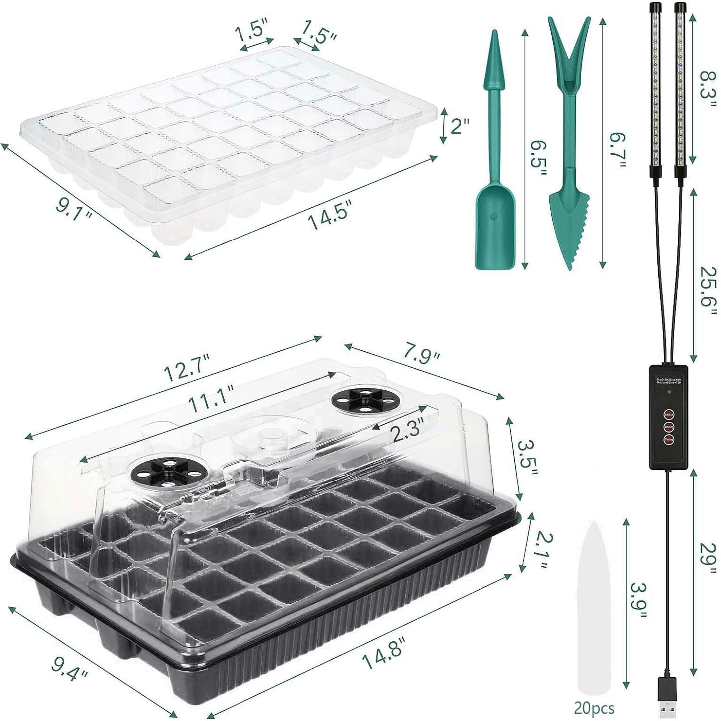Seed Starter Tray with Grow Light, 2 Packs 80 Cells Seed Starting Kit, Reusable Seedling Starter Trays with Humidity Dome, Plant Germination Trays for Indoor Seed Starter Kit, Black