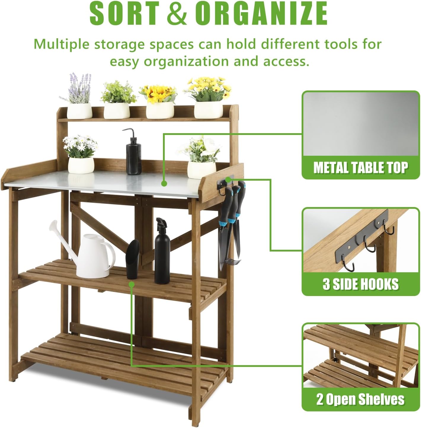 Folding Garden Potting Bench Table,Outdoor Wooden Work Station W/Metal Table Top,2 Tier Open Storage Rack,Top Shelf-Natural Stained