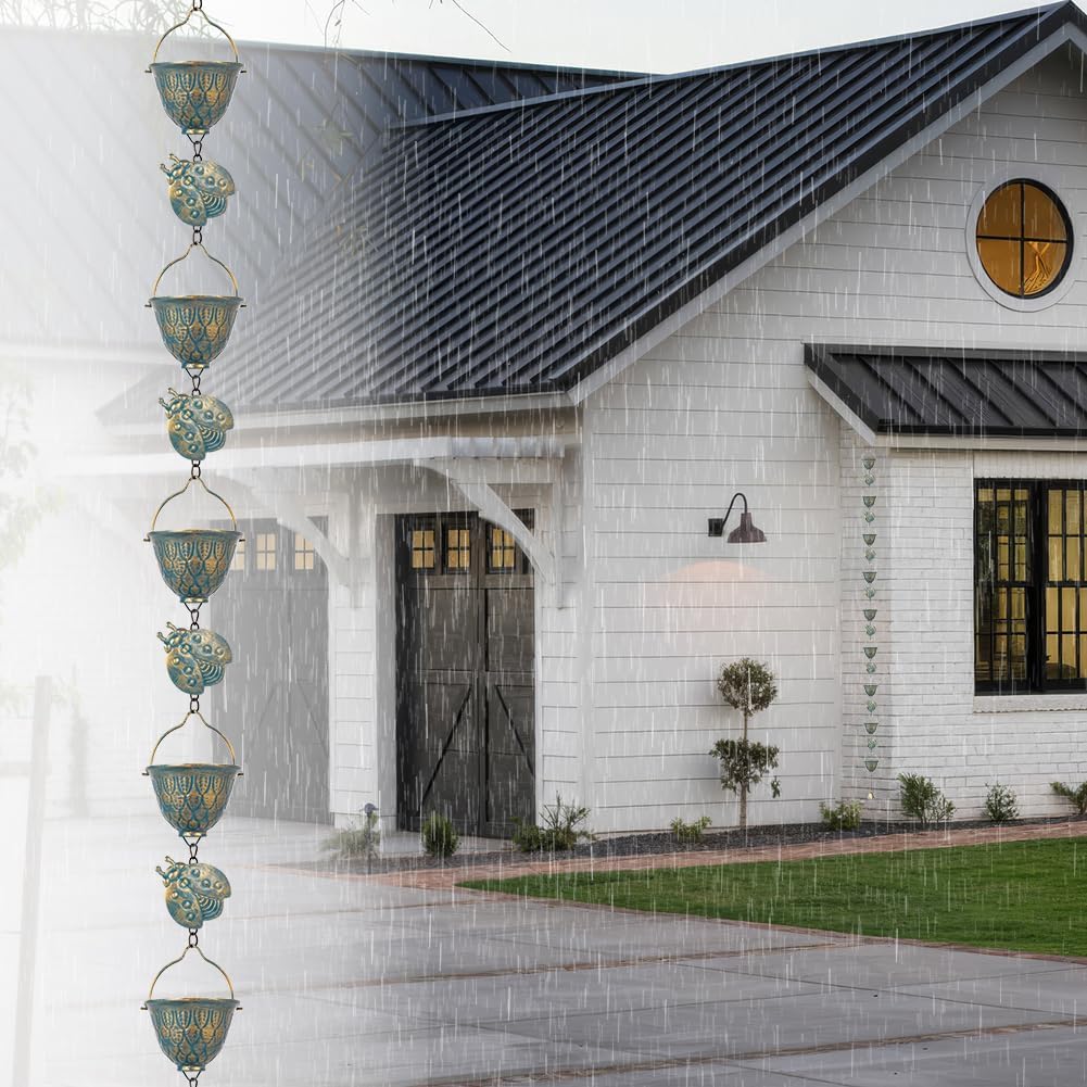 9.2 FT Rain Chain, Metal Rain Gutter Chains with 12 Cups & Detachable Ladybugs Decor, Adjustable Rain Catcher Chain with Bell for Outddor Decor, Replacement for Downspout
