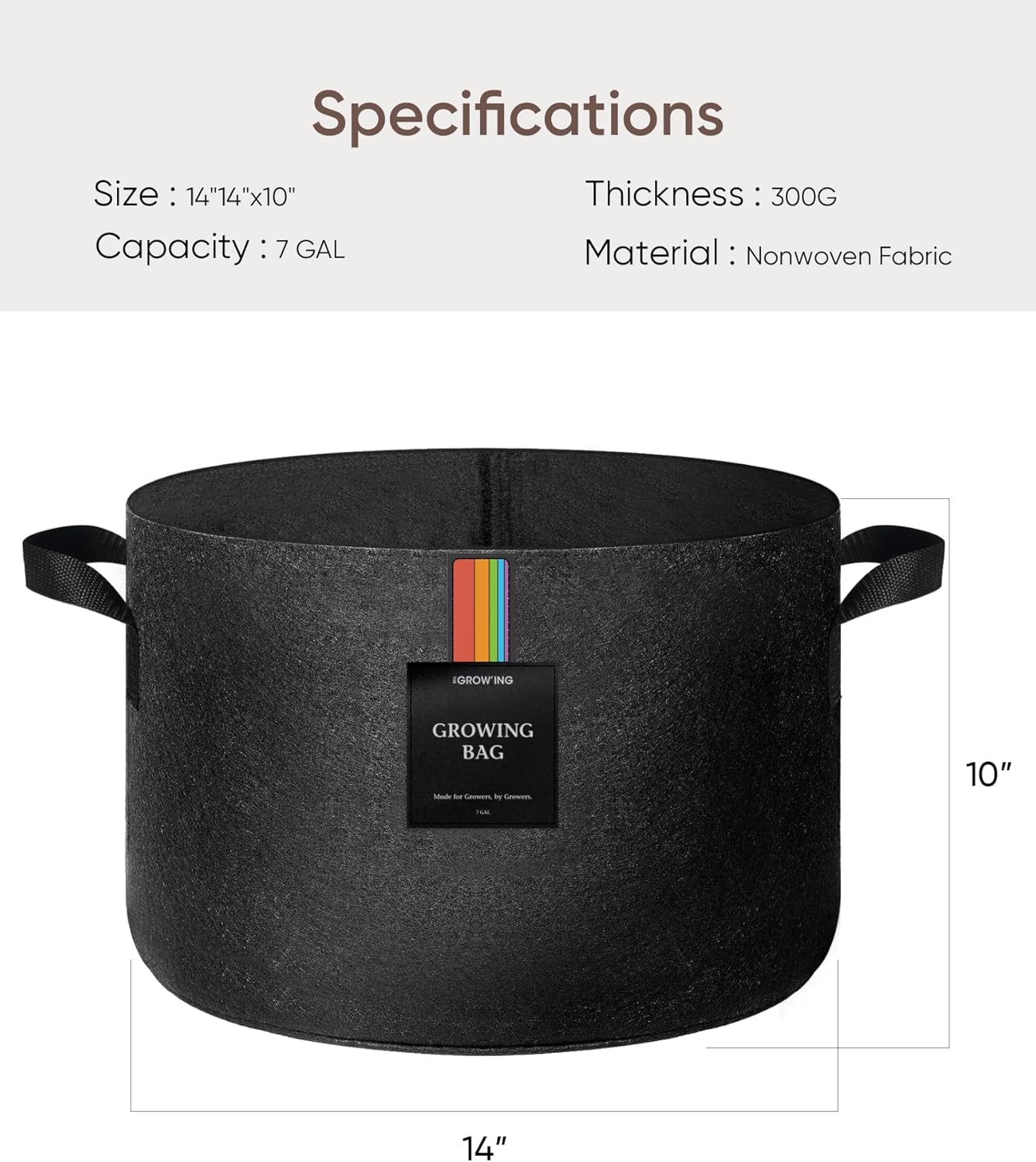 The Growing 5 Pack 7 Gallon Fabric Grow Bags,Thickened Aeration Nonwoven Fabric Plant Pots with Durable Handles,Heavy Duty 300G Planter Pot for Tomato, Fruits, Vegetables and Flowers, Black