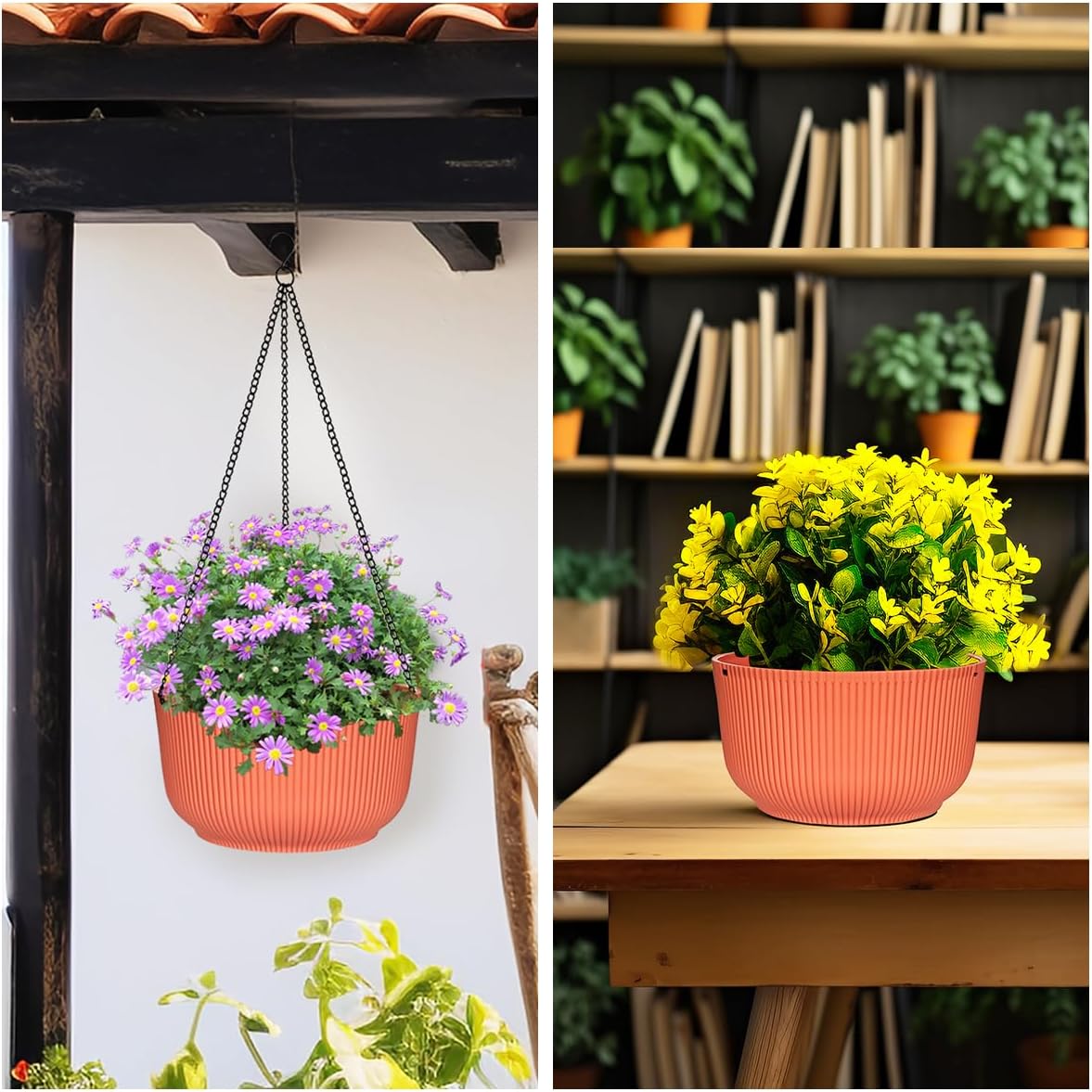 Hanging Planters 9/10/11 Inch for Indoor Plants, 3 Pack Plant Hanger Outdoor with Drainage Holes, Self Watering Hanging Basket Flower Pot for Garden Home Decor, Light Coral