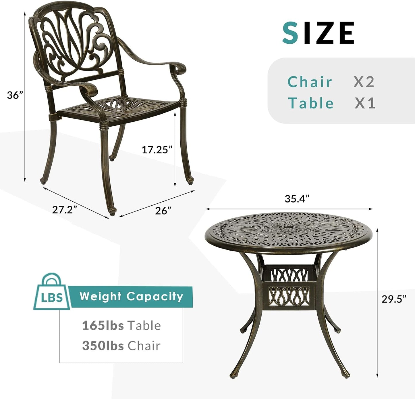 MEETWARM 3 Piece Patio Bistro Set, Outdoor All-Weather Cast Aluminum Dining Furniture Set Includes 2 Chairs and a 35.4” Round Table with Umbrella Hole for Garden Deck