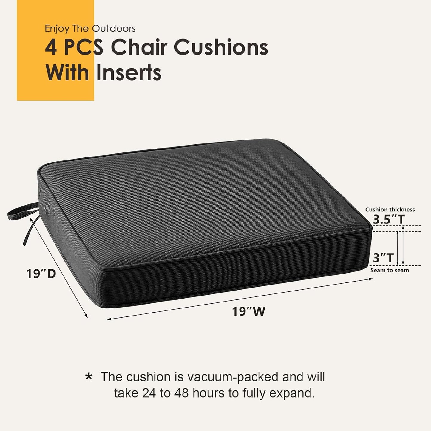 Outdoor Sunbrella Square Corner Seat Cushion, 19"x19"x3", Set of 4, Non Slip Seat Cushion Pads with Removable Cover for Patio Furniture, Garden Yard Lawn, Spectrum Carbon