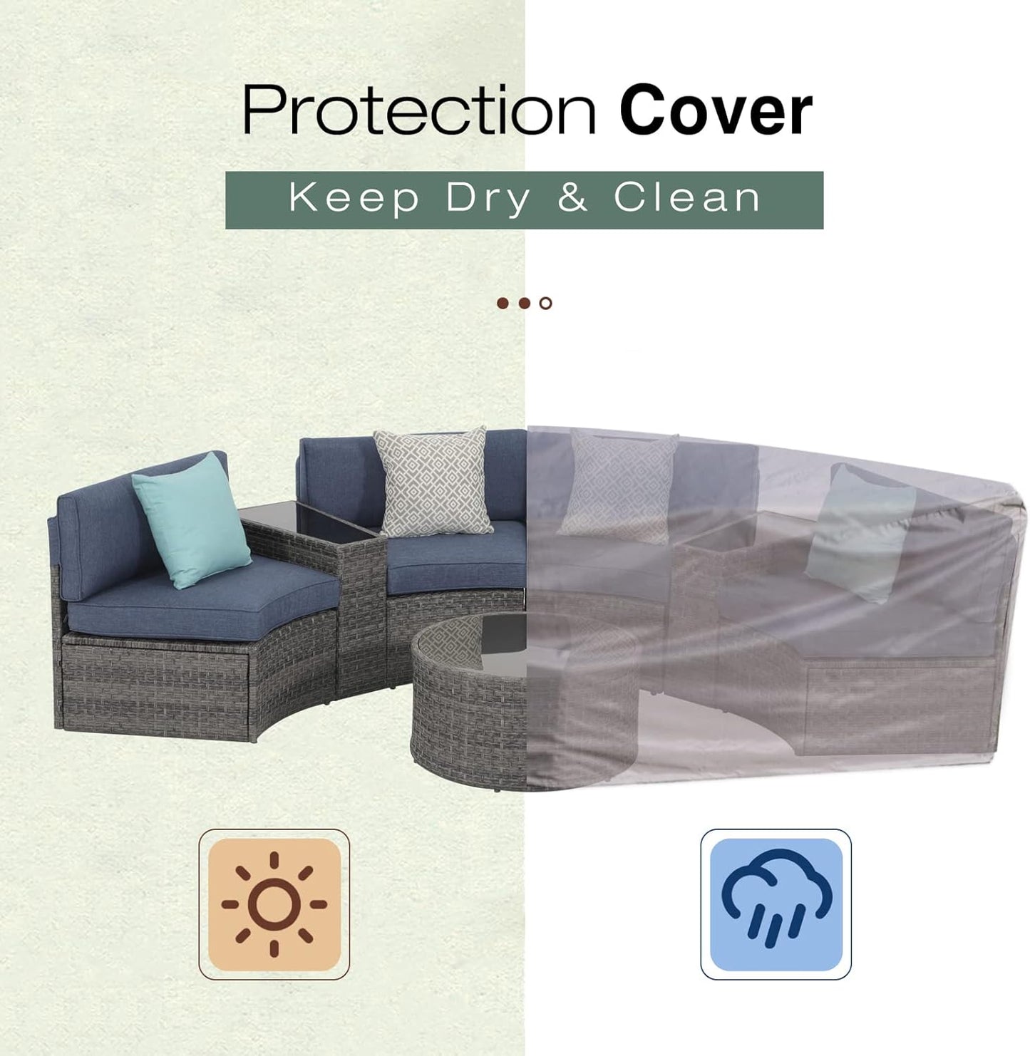 SUNSITT Outdoor Patio Furniture Sectional 7-Piece Half-Moon Curved Outdoor Sofa Set with Round Coffee Table, 4 Pillows & Waterproof Cover, Grey Rattan & Denim Blue Cushion