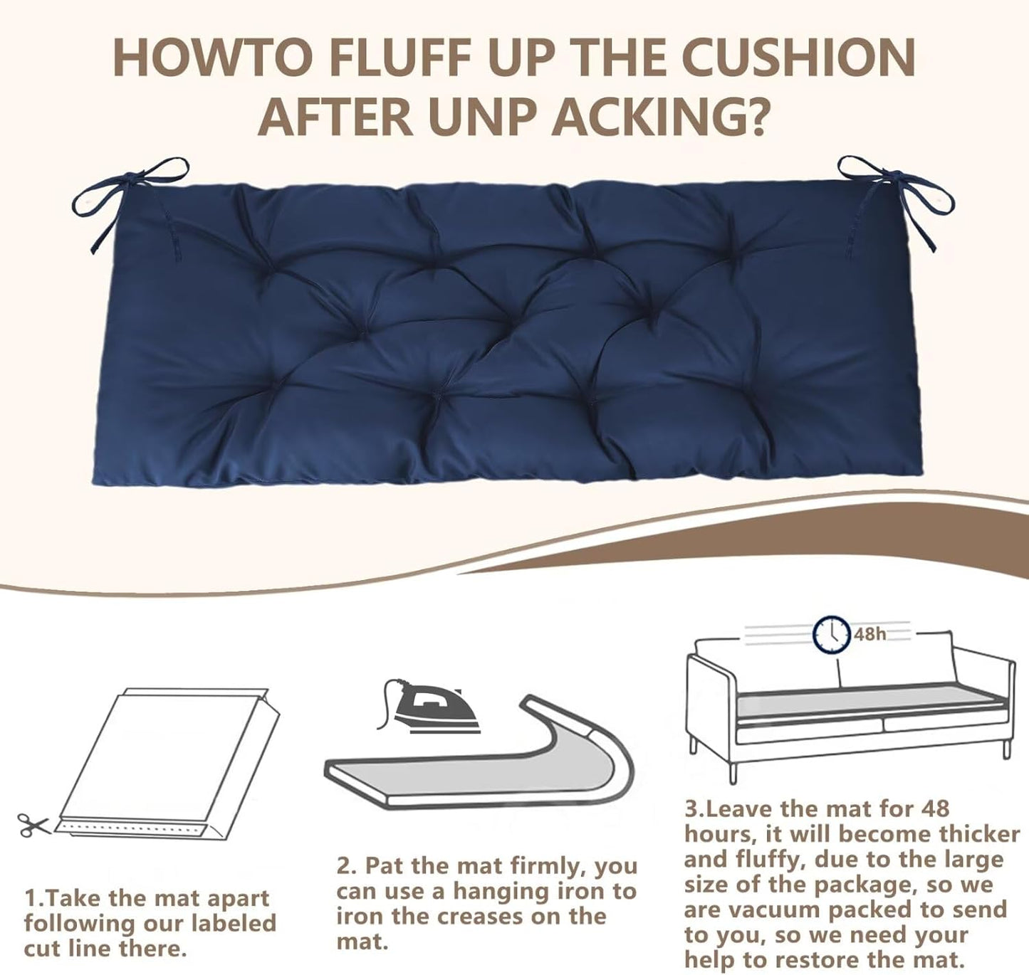 47.3 in Waterproof Indoor/Outdoor Garden Bench Seat Cushions,Thicken Patio Bench Soft Rocking Chairs Pad Lounger Seat for Wicker Loveseat Settee(47.3 X 19.6 in,Navy)