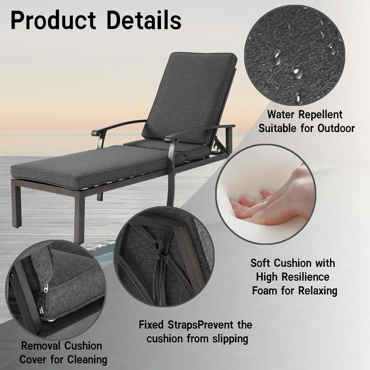 Outdoor Chaise Lounge 3 Pieces Set, 1 Side Table & 2 Aluminum Lounges with 5-Level Adjustable Backrest & Wheels for Poolside, Backyard, Grey Cushion