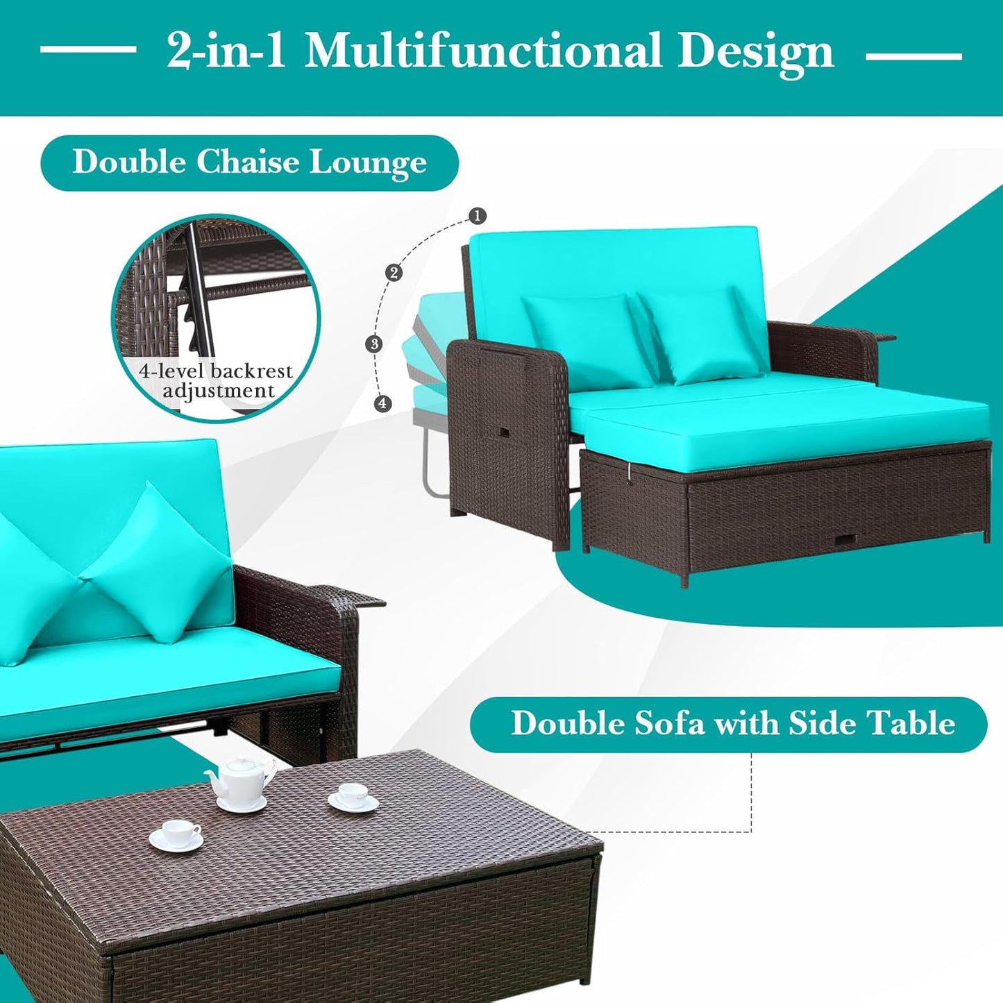 Tangkula Patio Rattan Daybed Set, Wicker Loveseat Sofa w/Multipurpose Ottoman & Retractable Side Tray, 4-Level Adjustable Backrest, Footstool w/Storage, Soft Cushion Included (Turquoise)