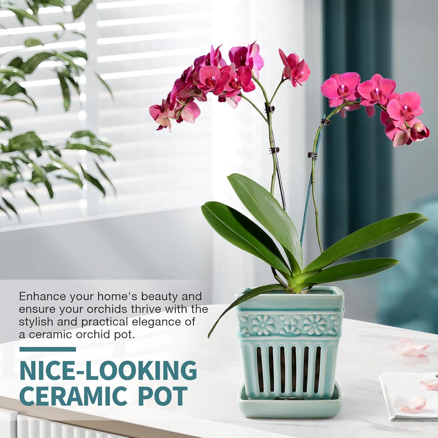 Orchid Pots with Holes | 5" Ceramic Orchid Planter with Separate Saucer and Drainage Holes | Crackle Glazed Pottery Small Flower Pot for Repotting Orchids(Blue)