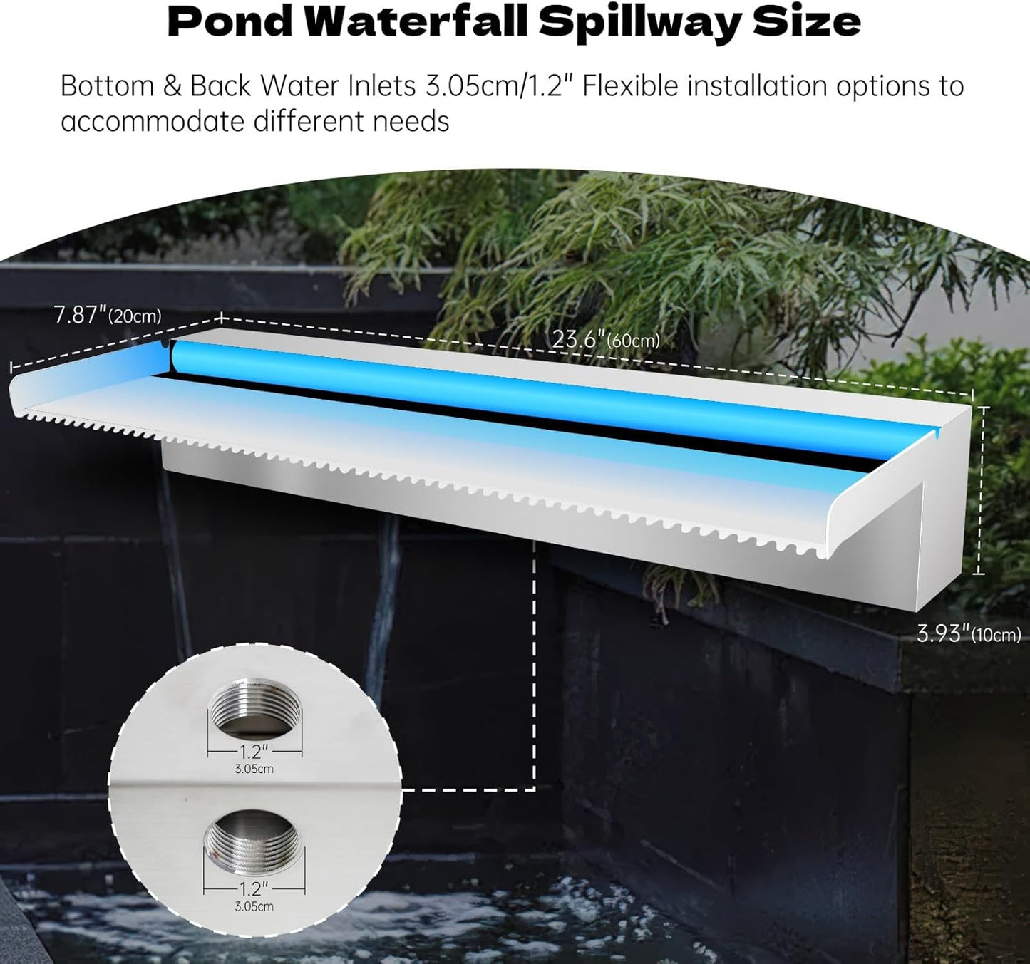 Waterfall Spillway Stainless Steel Pond Waterfalls with Color Changing LED Light, Outdoor Pool Fountain Water Feature Kit for Garden Patio Swimming Pool Koi Ponds Decor-24"x8"x4"