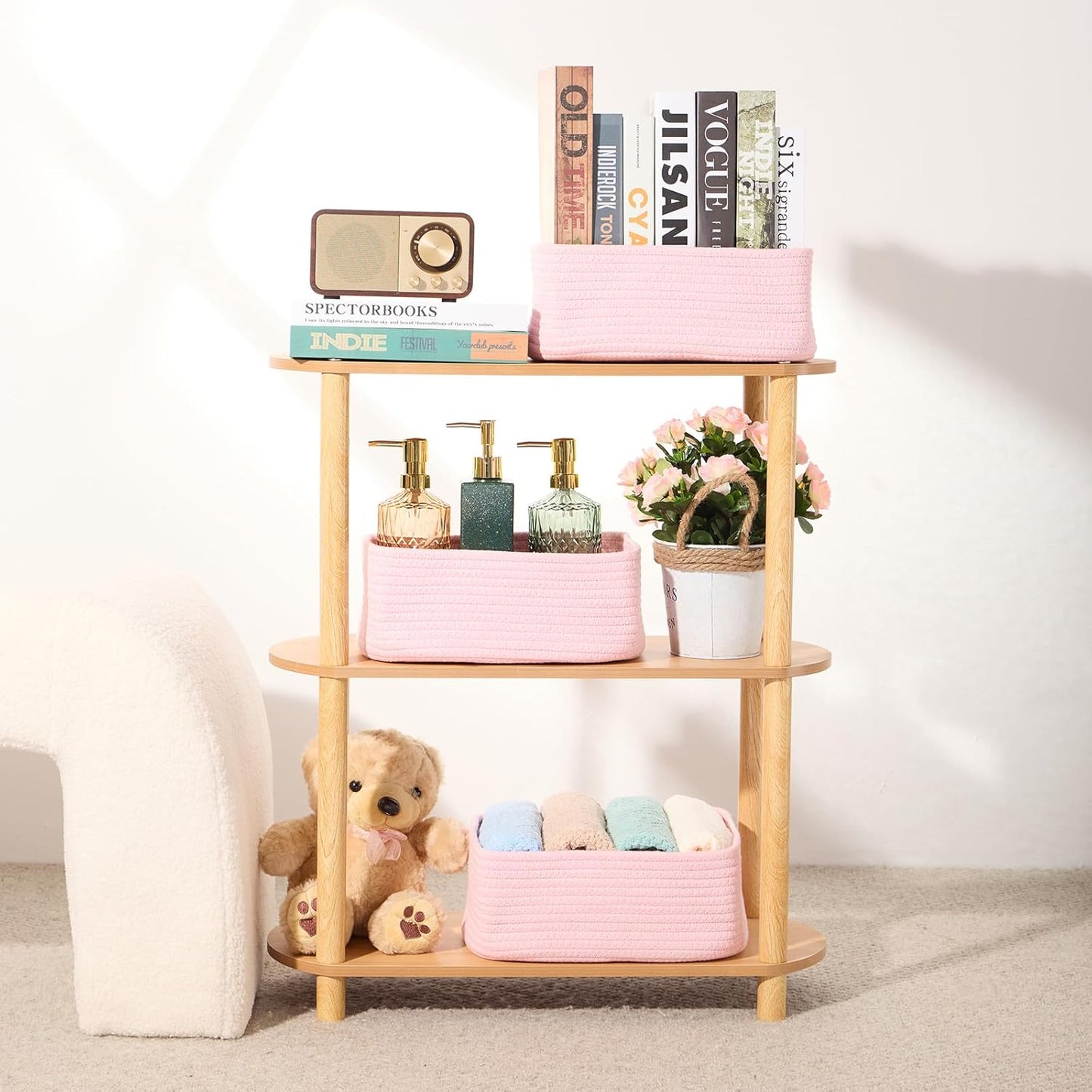 Small Storage Baskets for Organizing | Closet Organizer Bins | Shelf Toy Basket | Woven Rope Baskets | Cube Decorative Box | Shallow Basket | 11.5x7.5x4.7” | 3 Packs Pink