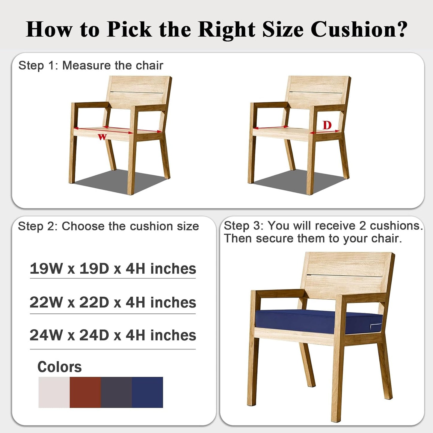 Outdoor Chair Cushions Set of 2 for Patio Furniture 24x24x4 Inch Waterproof Patio Chair Cushion 3 Year Color Fastness Square Elastic Foam Garden Sofa Couch Pads with Ties and Handle,Blue