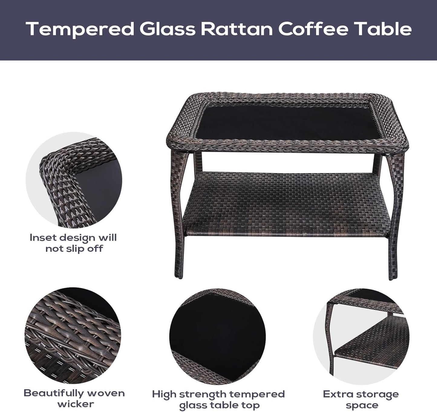 Outdoor Furniture Sectional Sofa L Shaped Couch - Patio Wicker Set with Coffee Table, 3 Piece Rattan Patio Conversation Sets with Gray Cushion for Deck Backyard Sunroom