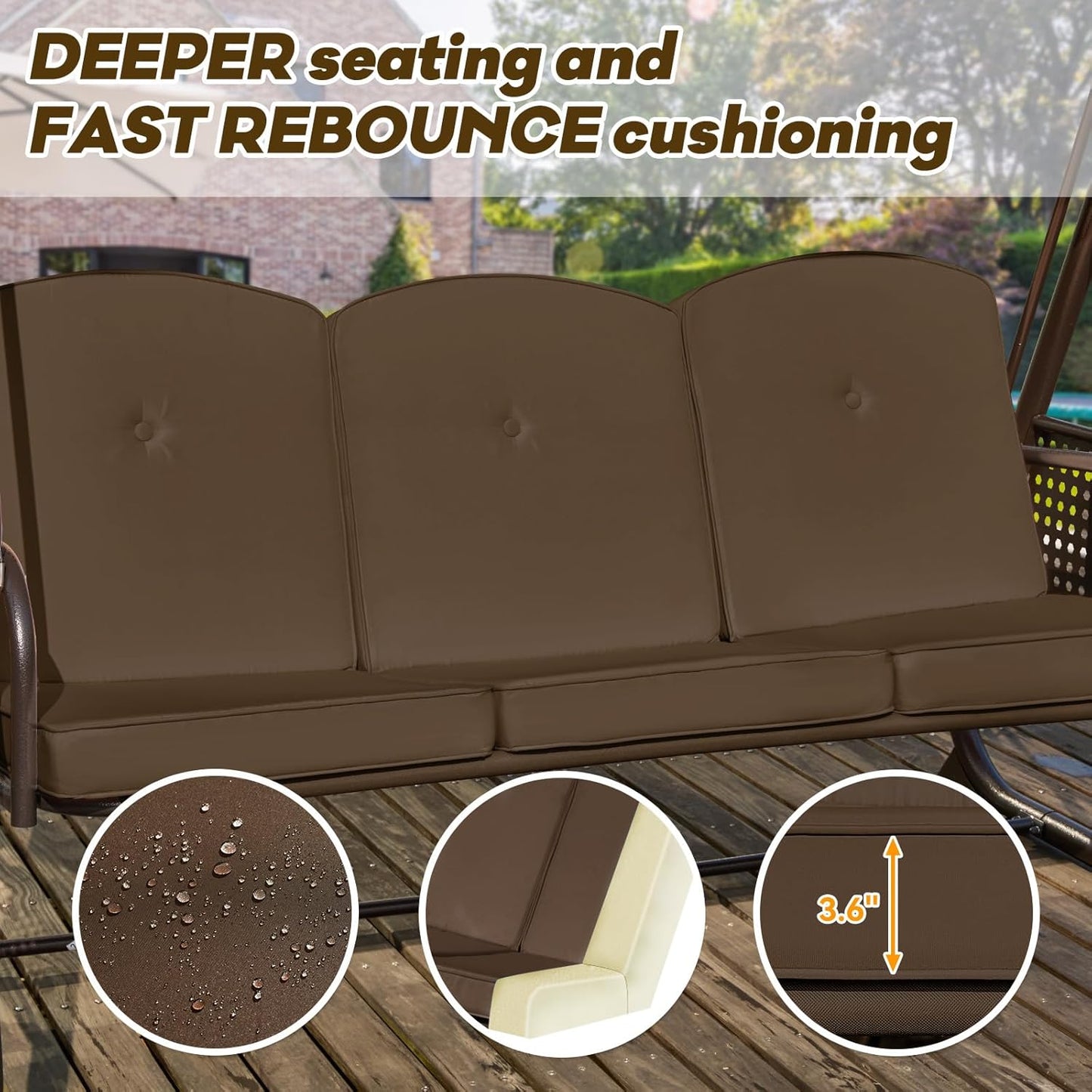 3 in 1 Outdoor Porch Swing with Adjustable Canopy, 3 Seat Outdoor Swing for Adults, Patio Swing Chair with Thickened Cushions,Pillows & Cup Holders for Backyard, Porch, Garden (Brown)