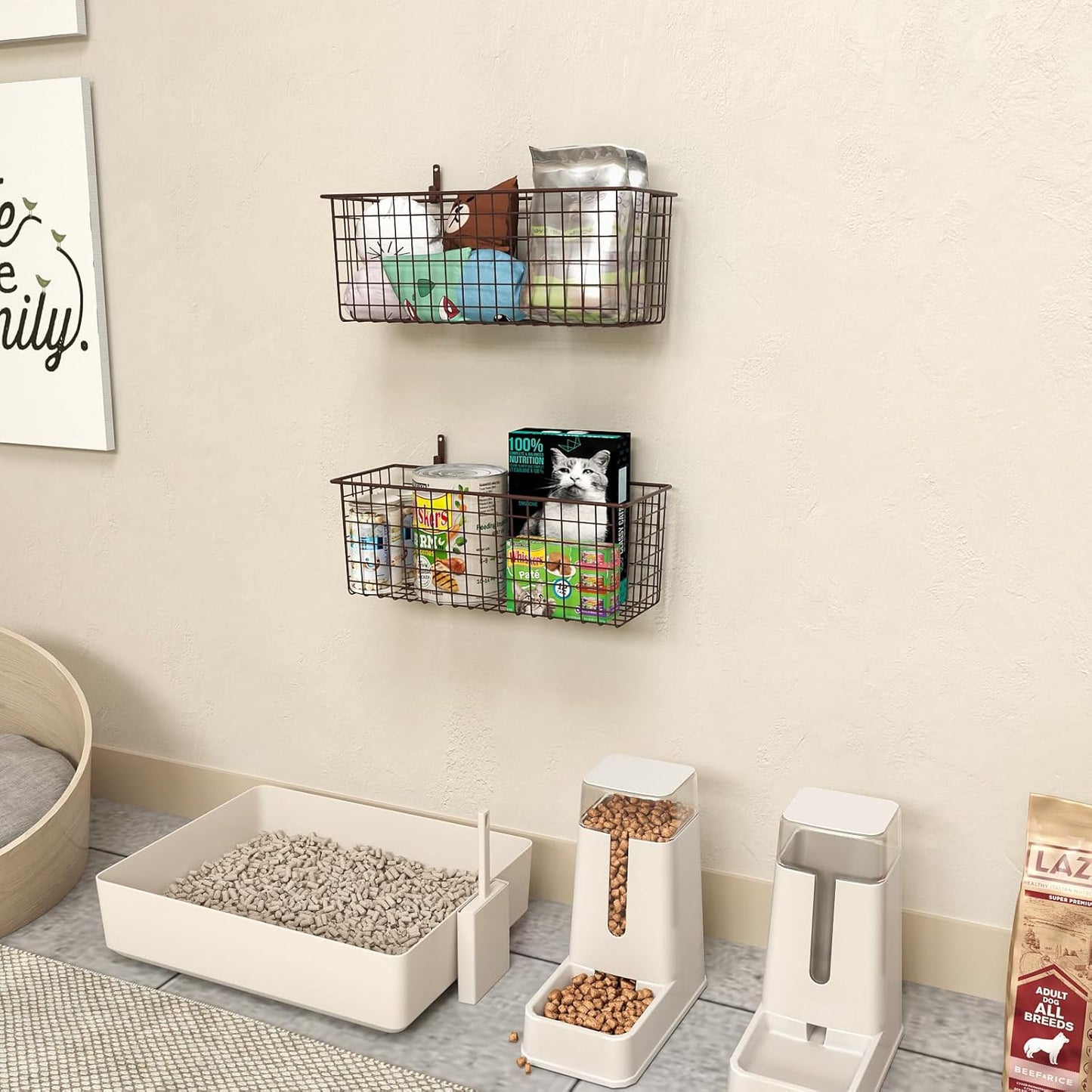 2 Sets Extra Large Hanging Wall Basket, Brown Metal Wire Baskets with Steel Hooks for Organizing, WallmountedFruit Vegetable Toy Snack Storage, Home Kitchen Bathroom Laundry Pantry Organizer