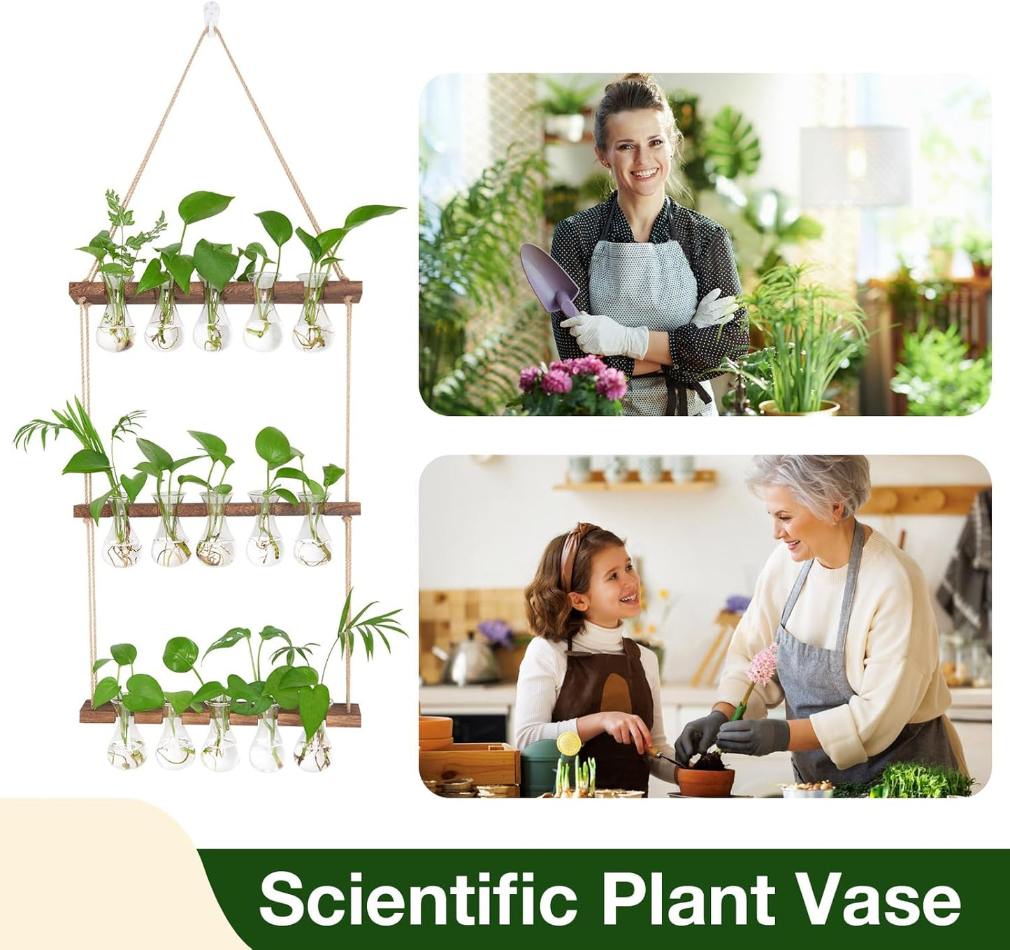 XXXFLOWER Wall Hanging Propagation Station with Wooden Stand 5 Bulb Vase 3 Tiered Planters Wall Terrarium for Home Office Plant Hanger Flower Vases Wall Decor(Brown)