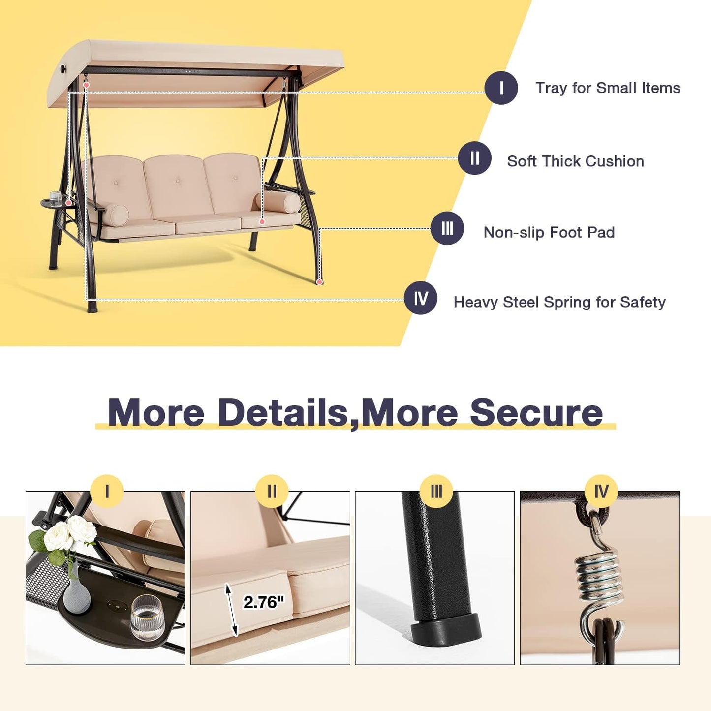 HOMREST 3 Person Outdoor Porch Swing with 1.5" Upgraded Cup Holder, Adjustable Canopy, Backrest, Patio Swing Bed with Weather Resistant Steel Frame, Cushions for Garden,Deck and Poolside(Khaki)