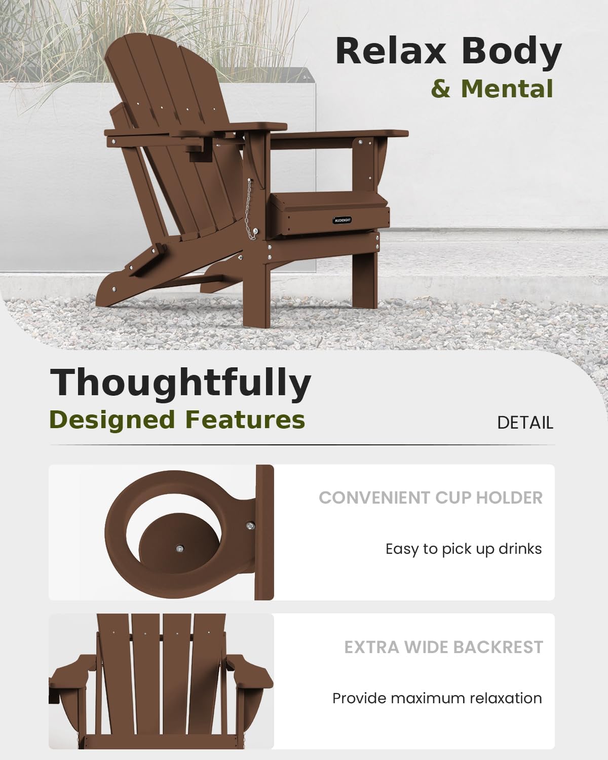 MUCHENGHY Folding Adirondack Chairs, Patio Chairs, Lawn Chairs, Outdoor Chair, Adirondack Chair Plastic, Fire Pit, Weather Resistant with Cup Holder for Deck, Backyard, Garden(Brown)