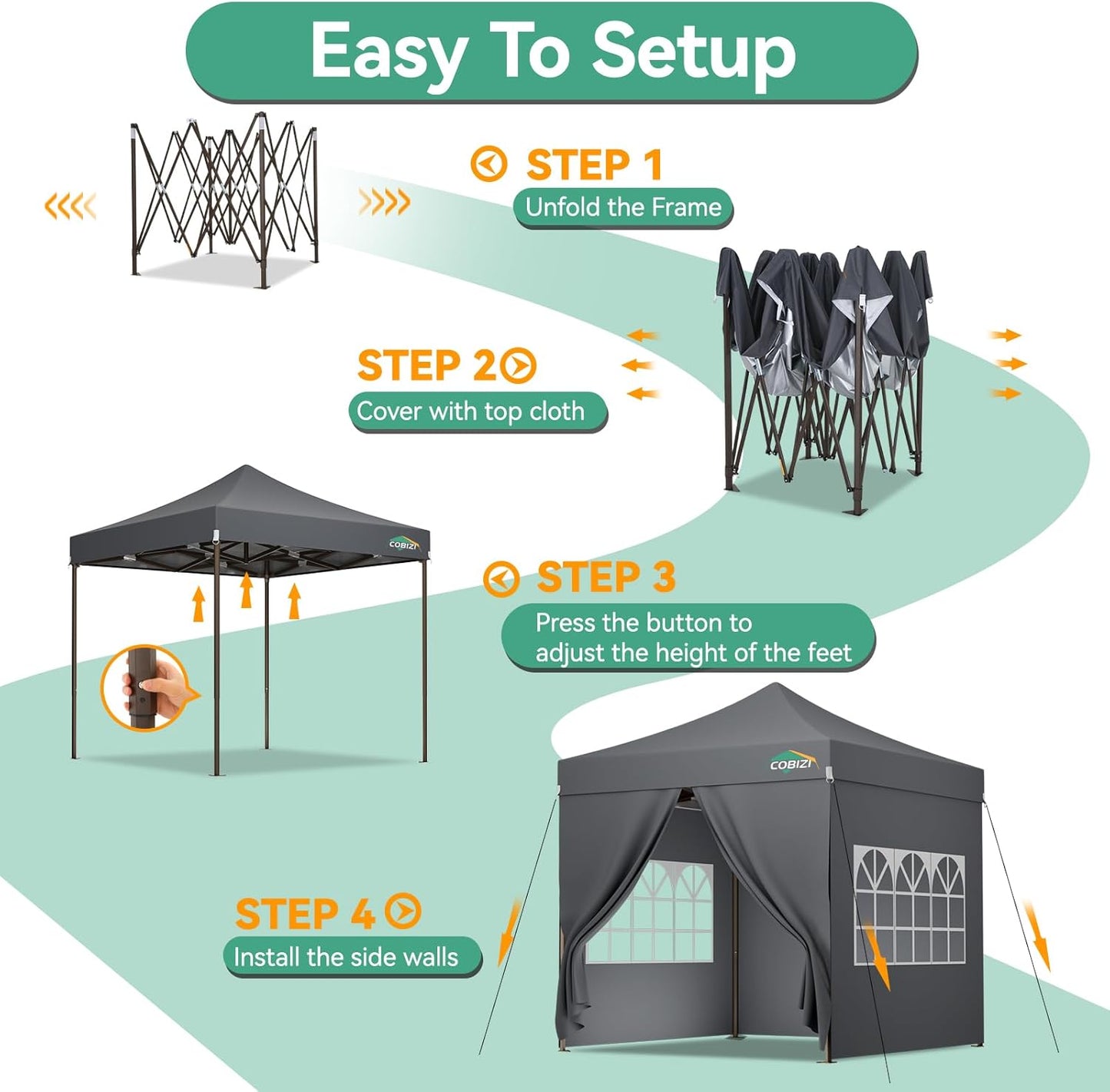 COBIZI 10x10 Pop Up Canopy Tent Heavy Duty with 4 Sidewall, Commercial Outdoor Easy Pop Up Gazebo for Party Wedding All Weather Waterproof UV 50+ with Carry Bag(Leg Upgraded),Gray