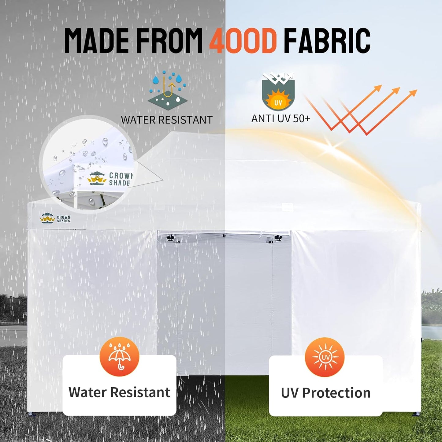 CROWN SHADES 10x15 Pop Up Canopy Tent, Thicken Frame Commercial Heavy Duty Tent, 4 Sidewalls 8 Stakes & 4 Sandbags & 4 Ropes, Outdoor Canopies for Events, Parties,White