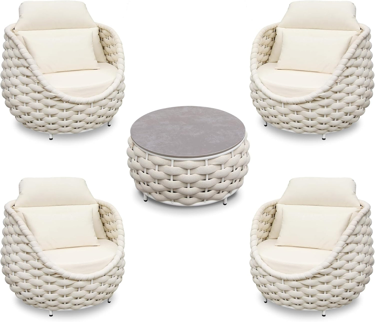 Woven Rope Patio Furniture Set: 5 Pieces Aluminum Outdoor Conversation Sofa Set All Weather - Cushioned Modern Deck Couch Set Assembled for 400lbs Front Porch Garden Lanai Sunroom Hotel, Beige