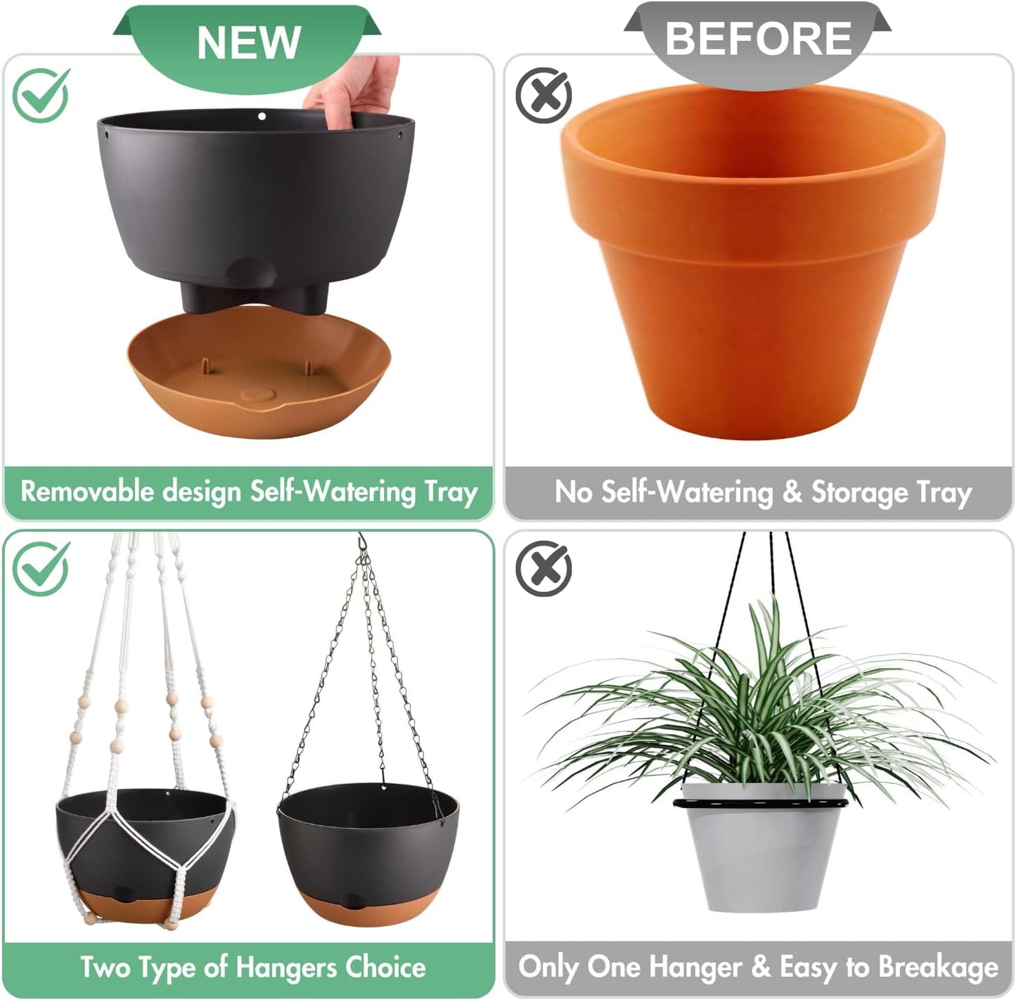 Set of 2-10 Inch Hanging Planters for Indoor Plants with Self-Watering Includes Hanging Pots for Plants, Outdoor Hanging Plant Pot with Drainage, and 2 Types of Hanging Baskets Hangers (Black, 10inch)