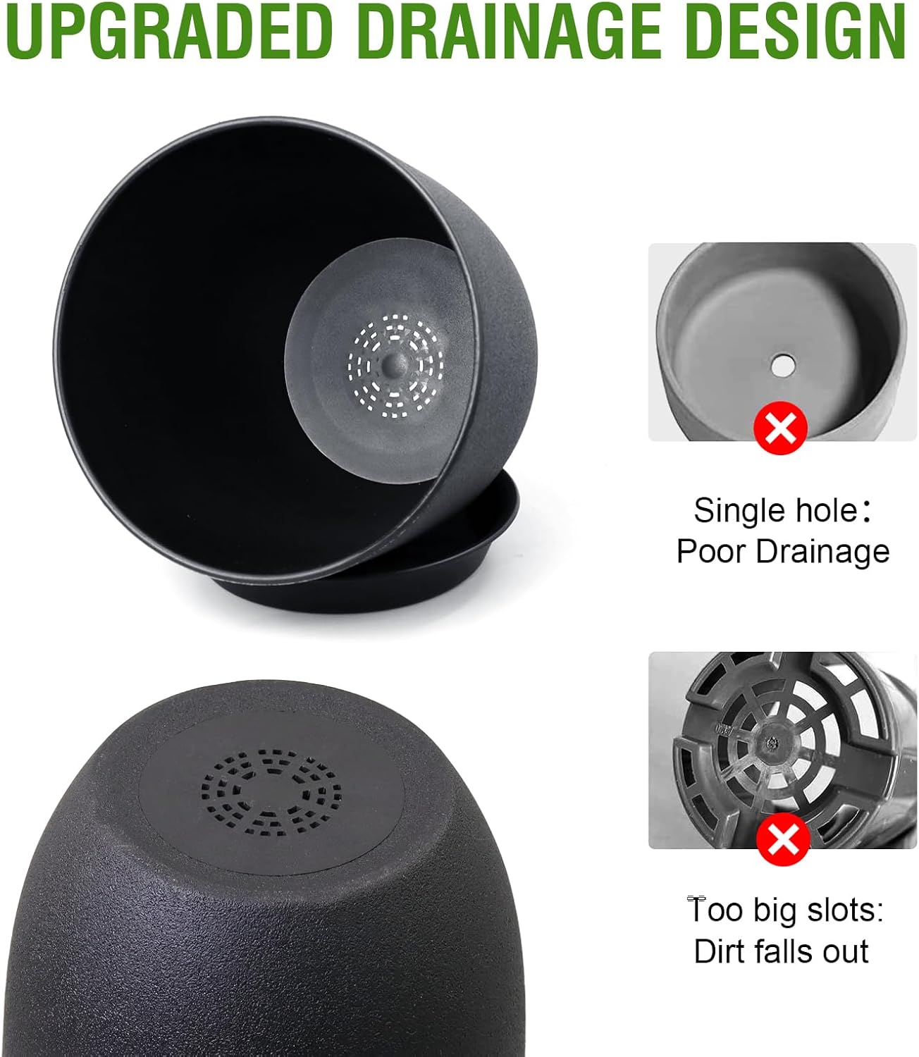 12/10/9 inch Big Flower Pots, 3 Pack Modern Decorative Plastic Planters with Drainage Holes and Tray, Plant Pots for Indoor Outdoor Plants, Black